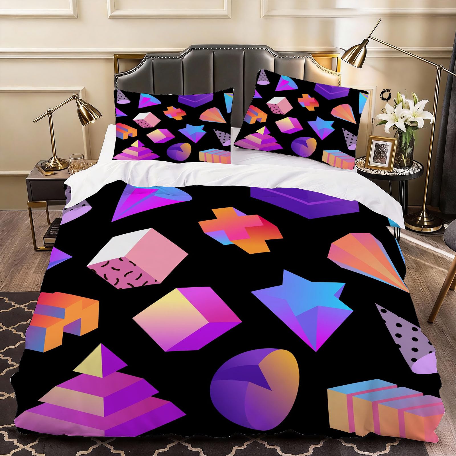 3D Geometric Polygon Duvet Cover Multi Colour Bedding Double Bed Set, Soft Microfiber Comforter Cover Printed with Zipper Closure Quilt Coverr 200x200 cm and 2 Pillowcases