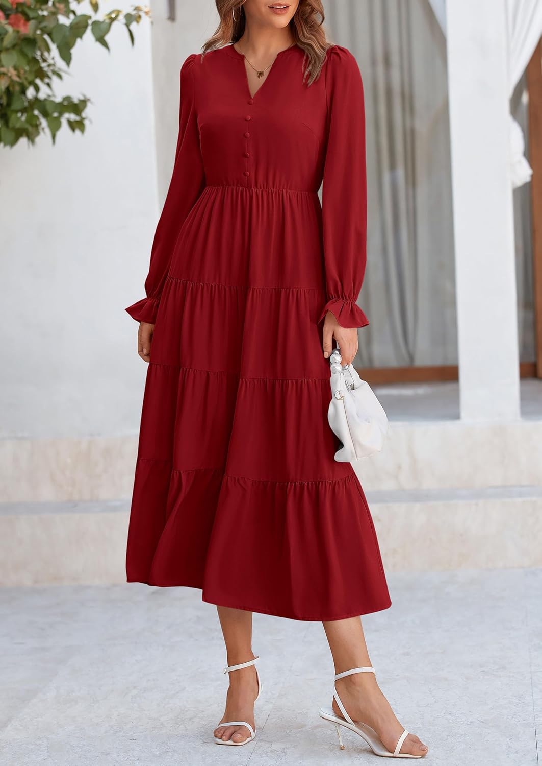 PRETTYGARDEN Long Sleeve Dress for Women Fall V Neck Tiered A Line Spring Elegant Modest Flowy Wedding Guest Maxi Dresses - Image 5