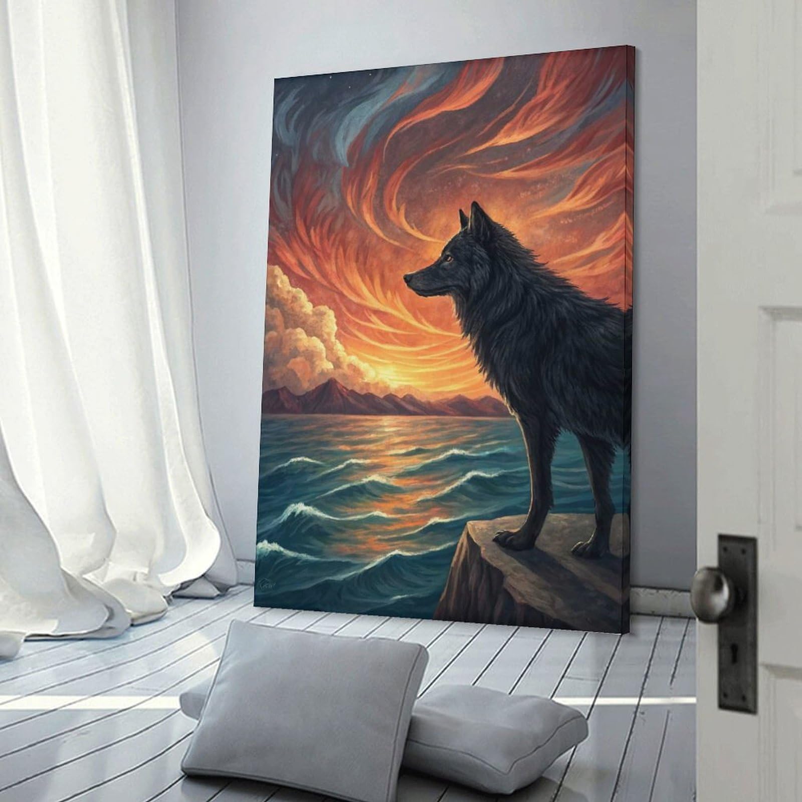 Junmoney Wolf Overlooking A Dramatic Sunset over The Ocean Hanging Wall Art 20x30inch(50x75cm), for New Homes, Bedrooms Or Workspaces, Thoughtful Wall Decor for Art Lovers