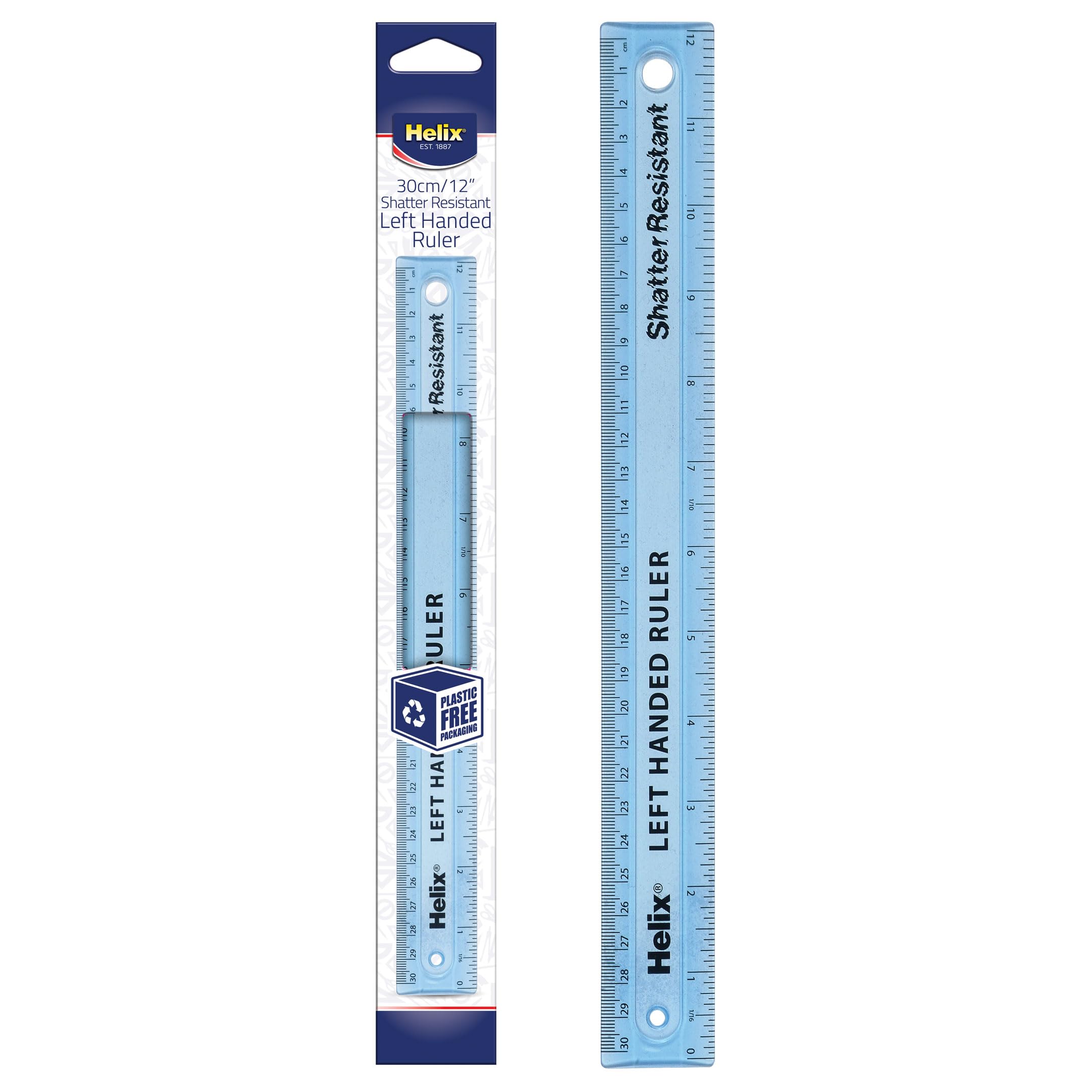Helix 30cm Left-Handed Ruler – Shatter Resistant Plastic - Metric & Imperial Graduations - School Supplies