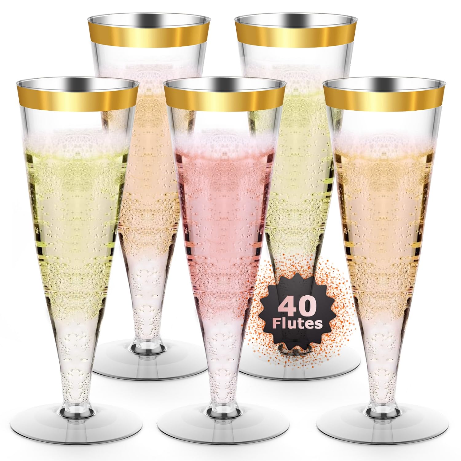 Photo 1 of Plastic Champagne Flutes Gold Rim Disposable Wine Glasses - 40 Pack 4.5 Oz Mimosa Glasses Bulk Cocktail Cups for Wedding Bride Bar Soccer Football Party Supplies, Copas De Plastico Para Brindis