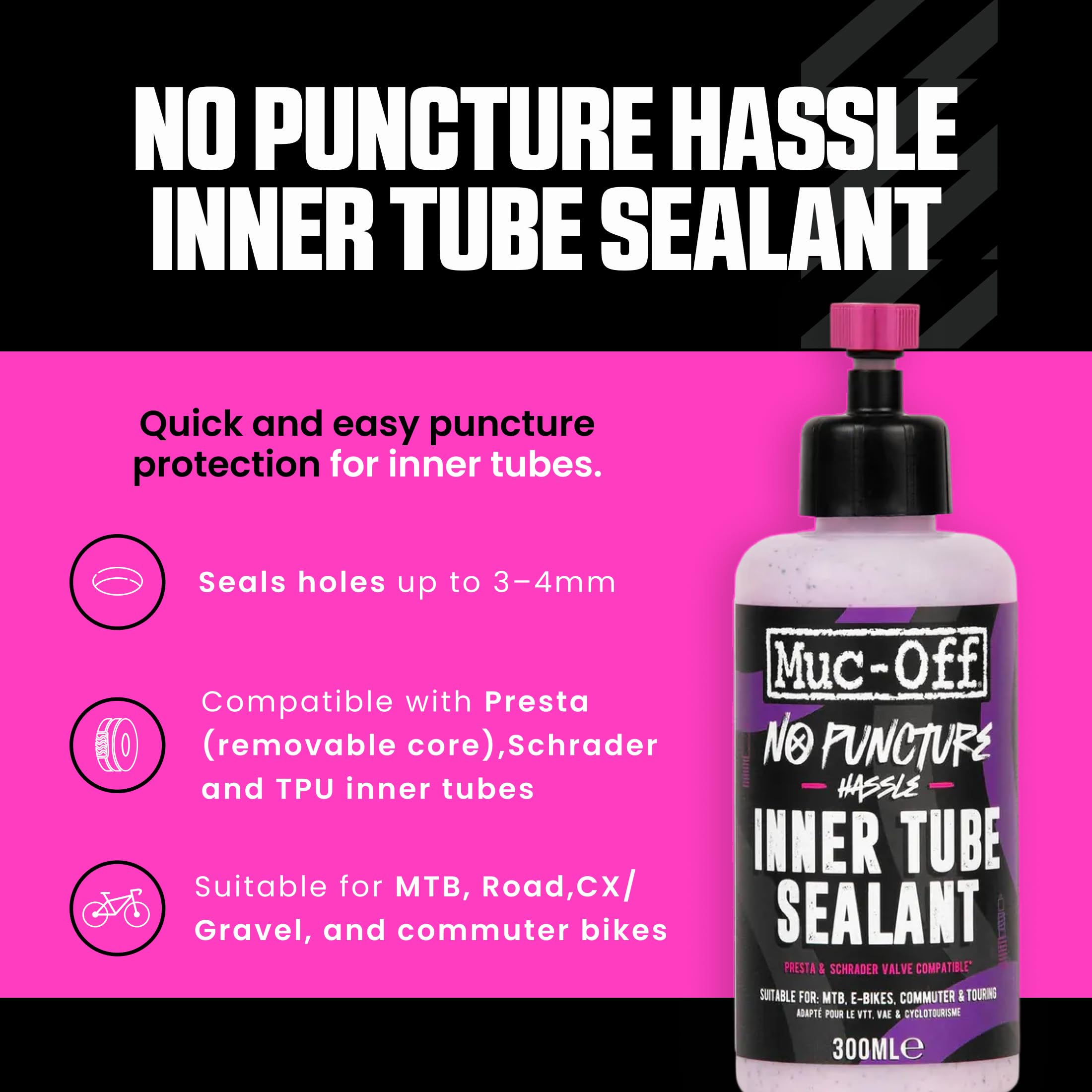 Muc-Off No Puncture Hassle Inner Tube Sealant, 300 ml – Uszczelniacz do Opon Rowerowych do Naprawy Przebitych Opon – Uszczelniacz do Roweru MTB/Szosowego/Gravelowego