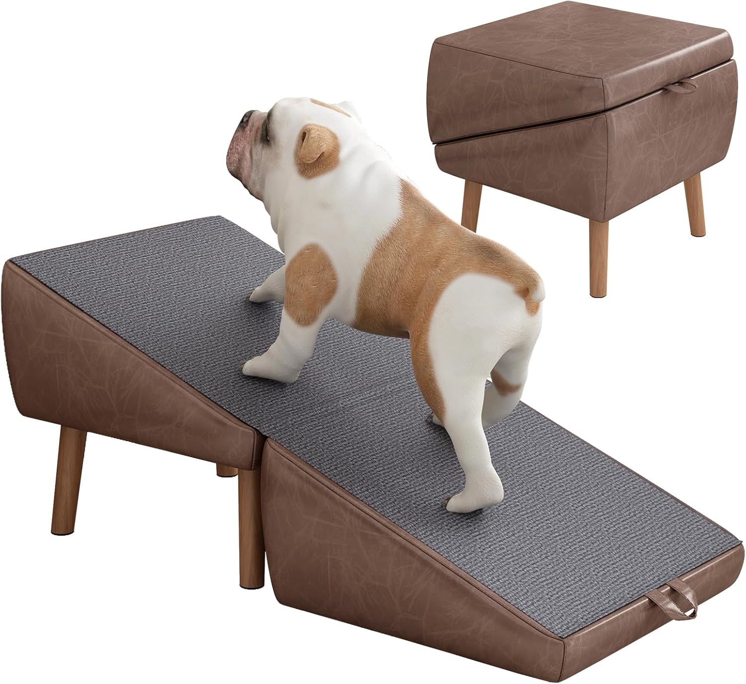 15.7” Ottoman Dog Ramp with Wood Leg, 2-in-1 Split Pet Stair, Folding Dog Ramp Ottoman for Living Room Bedroom, 275lb (Brown)