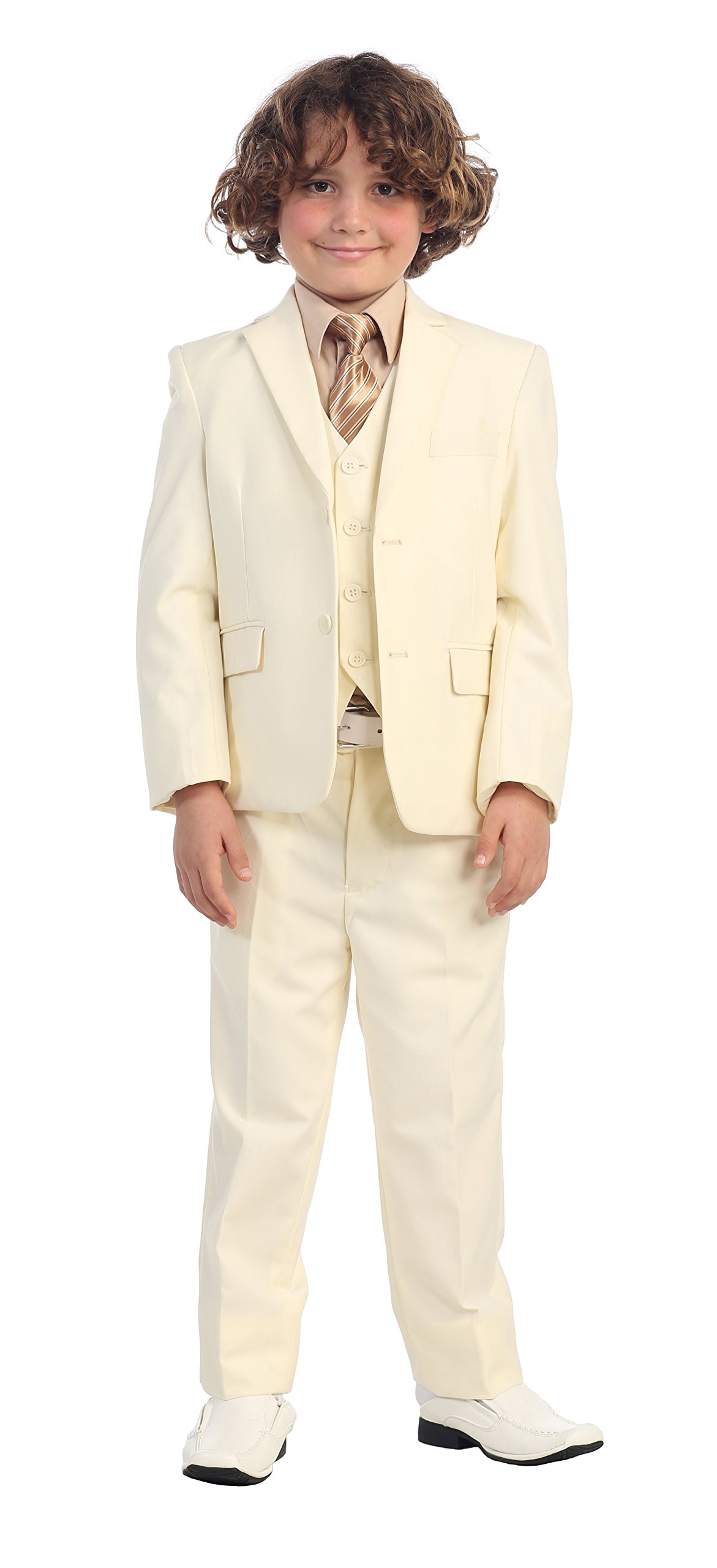 Gioberti Little Boys Off White Suit Vest Pant with Dress Shirt & Stripe Tie Set