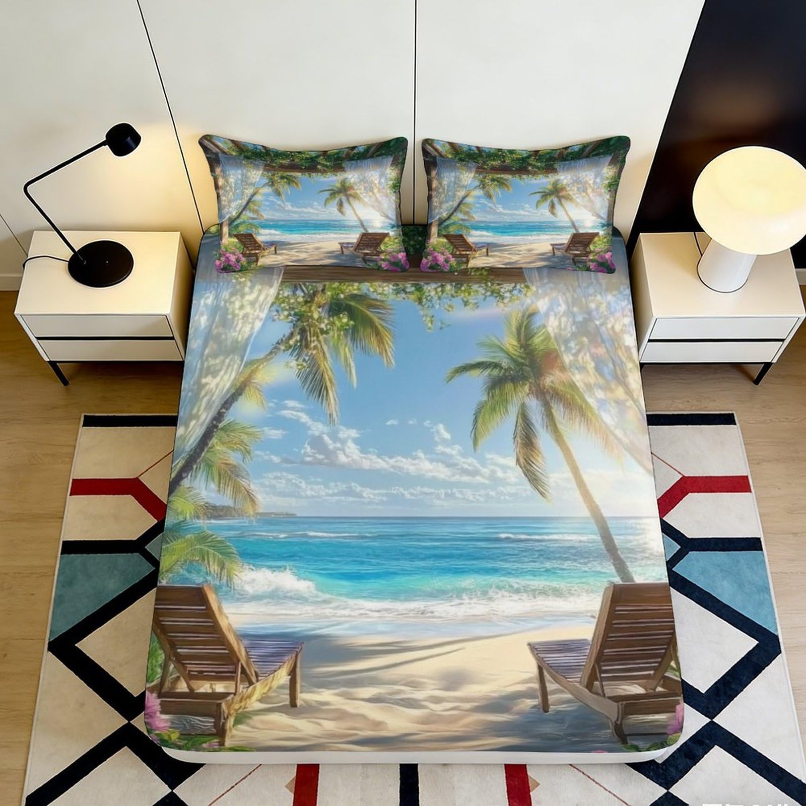 Uxinyoume Style-4 3D Printed Tropical Beach Fitted Sheet Microfiber Soft Palm Tree Ocean Mattress Cover For Bedroom Guest Room Decor 90X200x25cm