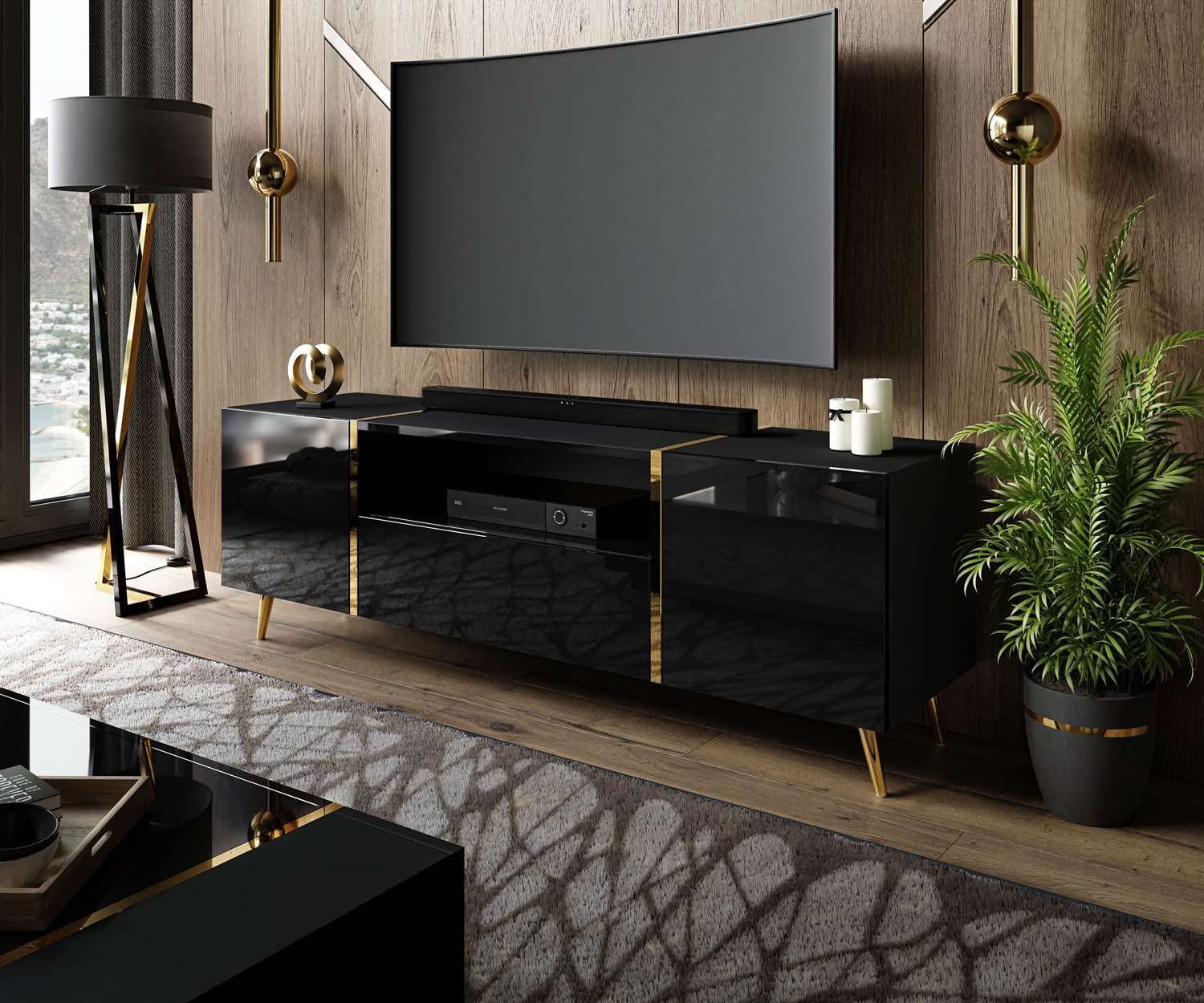 lukmebel Onyx Wohnzimmerset Auf Goldenen Beinen DREI Elemente Elegantes Und Modernes Design Leicht Zu Reinigen Abrieb- Und Kratzfest Laminierte Platte Schwarz