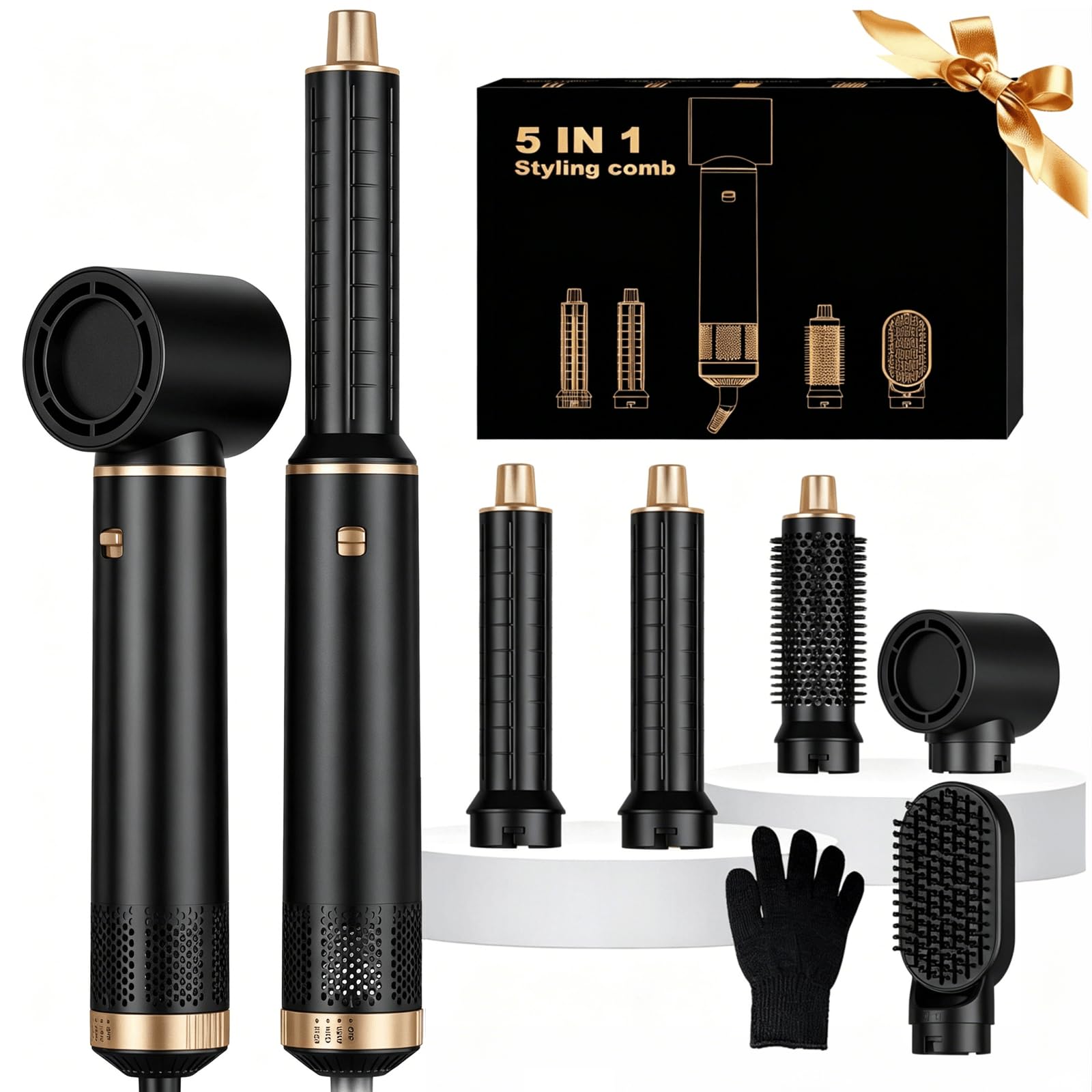 UKLISS Asciugacapelli 5 in 1 Spazzola Asciugacapelli - Hairstyler Airstyler 5 in 1 con 1000 W Asciugacapelli, Airflow Ricci per Capelli, Spazzola ad Aria Calda, Spazzola Lisciante - Nero