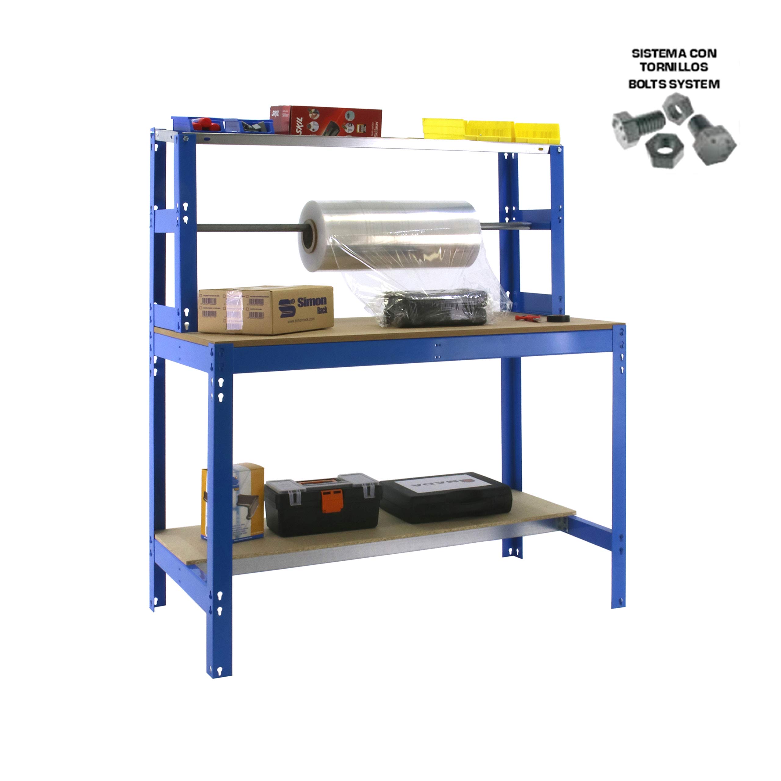Simon Rack Banco de Trabajo con Porta Rollo 1210x760 mm - BT4 | Porta Rollo, Tablero madera 16 mm, Capacidad Carga 600 kg, Azul , Pintura anticorrosión, Montaje sistema clic