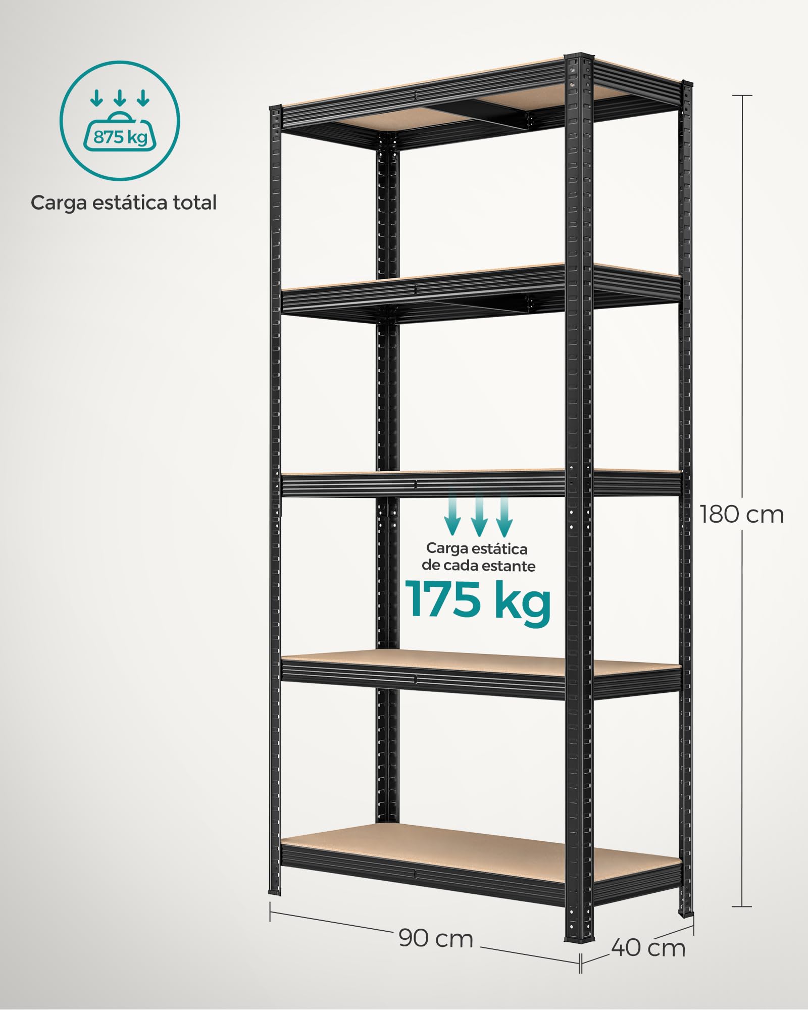 SONGMICS Estantería Pesada de 5 Niveles, Estantería de Acero, Montaje Rápido, Garaje, Almacén, Trastero, Carga de 875 kg, 40 x 270 x 180 cm, Negro GLR040B03
