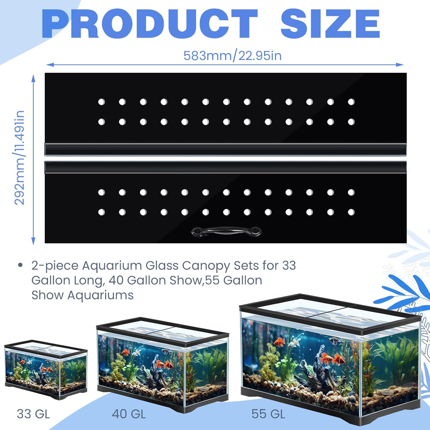 sieral aquarium polycarbonate canopy set 2 pcs 22.95 x 11.5 x 0.12 inch for 33/40/55 fish tank with center brace aquariums cover fish tank lid with a hook knife, breathable hole and handle, black black 48x13in