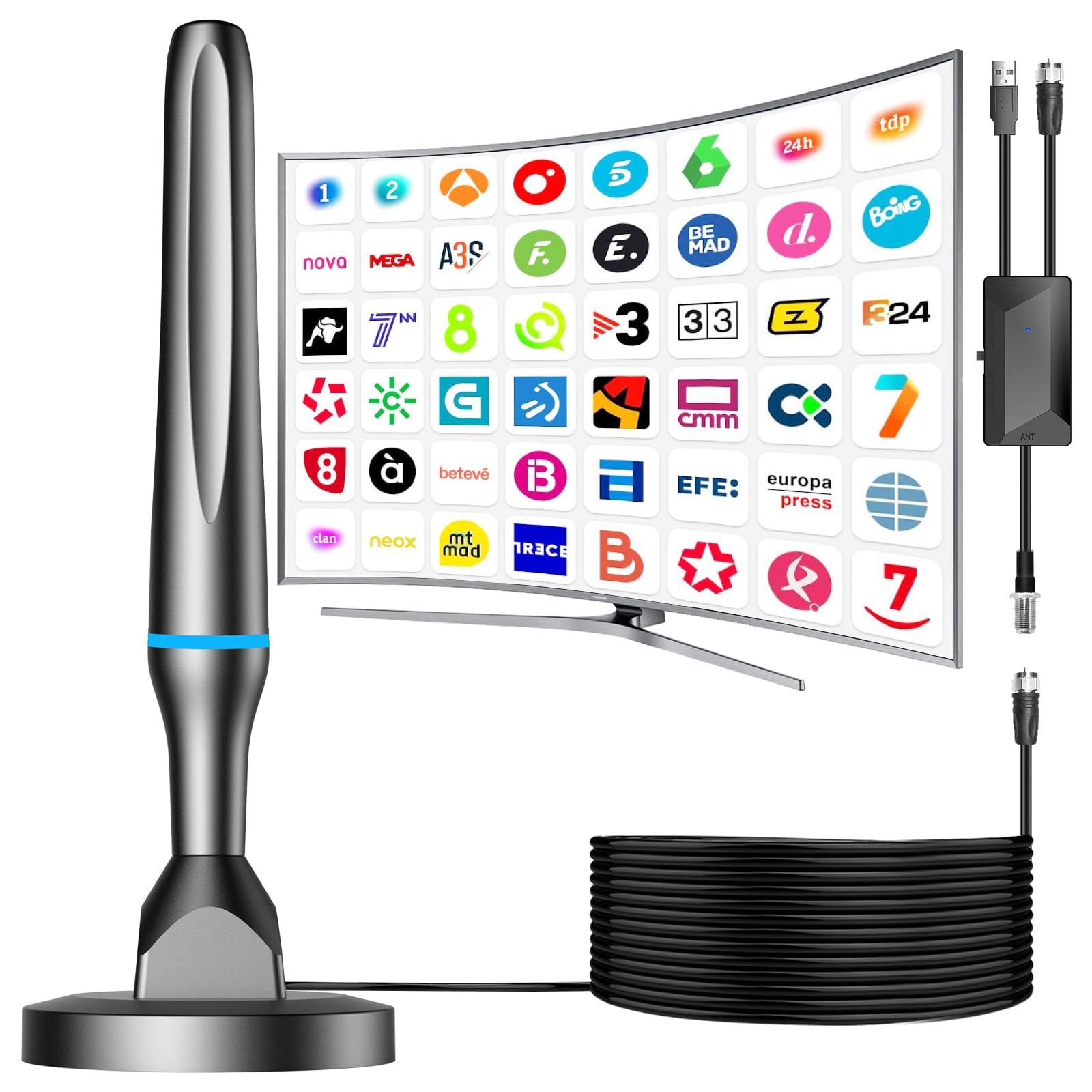 Antena TV Interior,2026 Antena HD Potente con Amplificador Ajustable recepción 360° Base Magnética Resistente para,Cobertura de la señal de TV en Abierto de 450km,Compatible con 4K 1080P DVB-T/DVB-T2