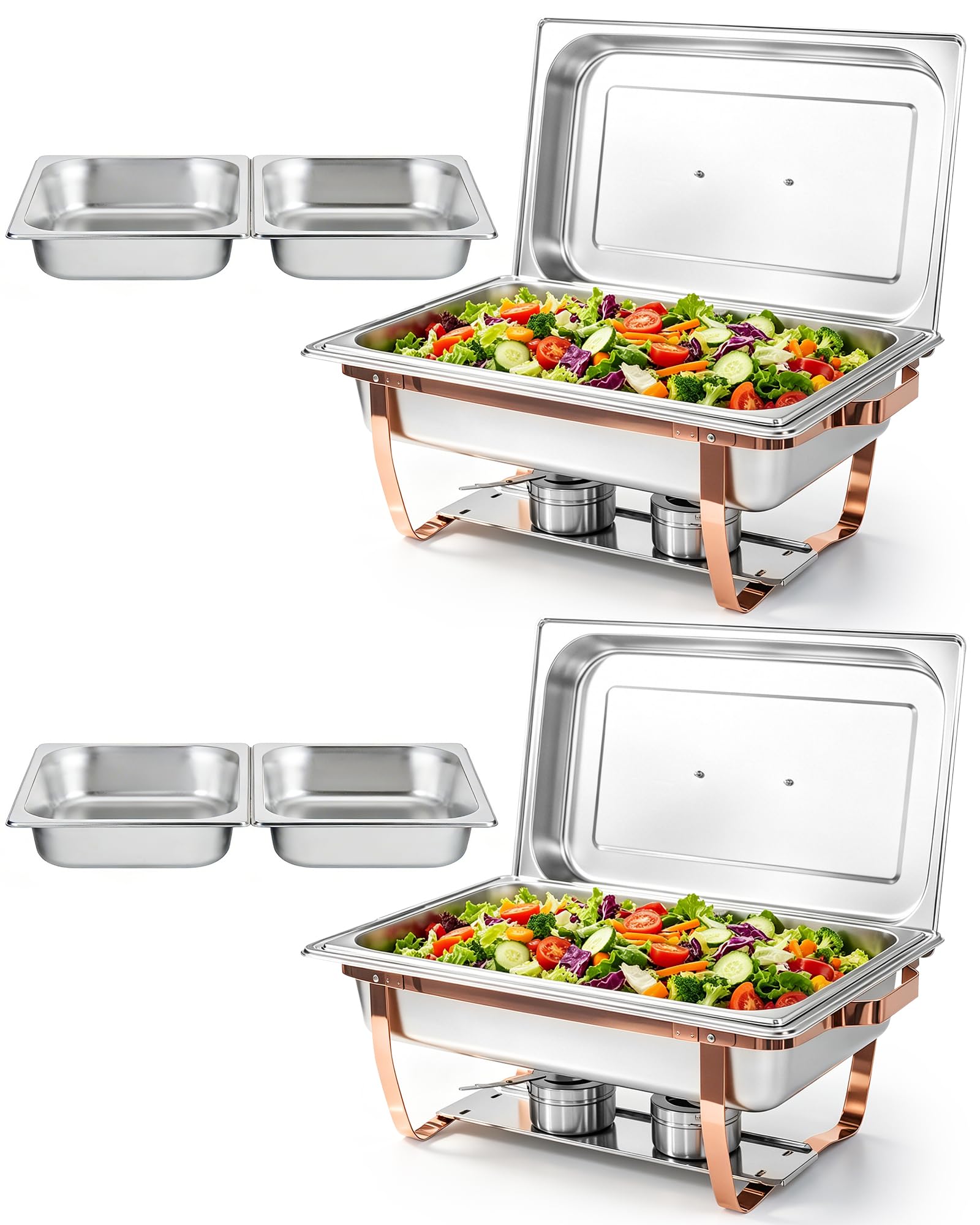 Chafing Dishes Buffet 2pcs, 9L, Scalda Vivande Portatile Rettangolare con Coperchio a Scomparsa [2 Vaschette Intere 4 Mezze Vaschette] Scaldavivande per Feste, Compleanni, Festività, Eventi in Chiesa