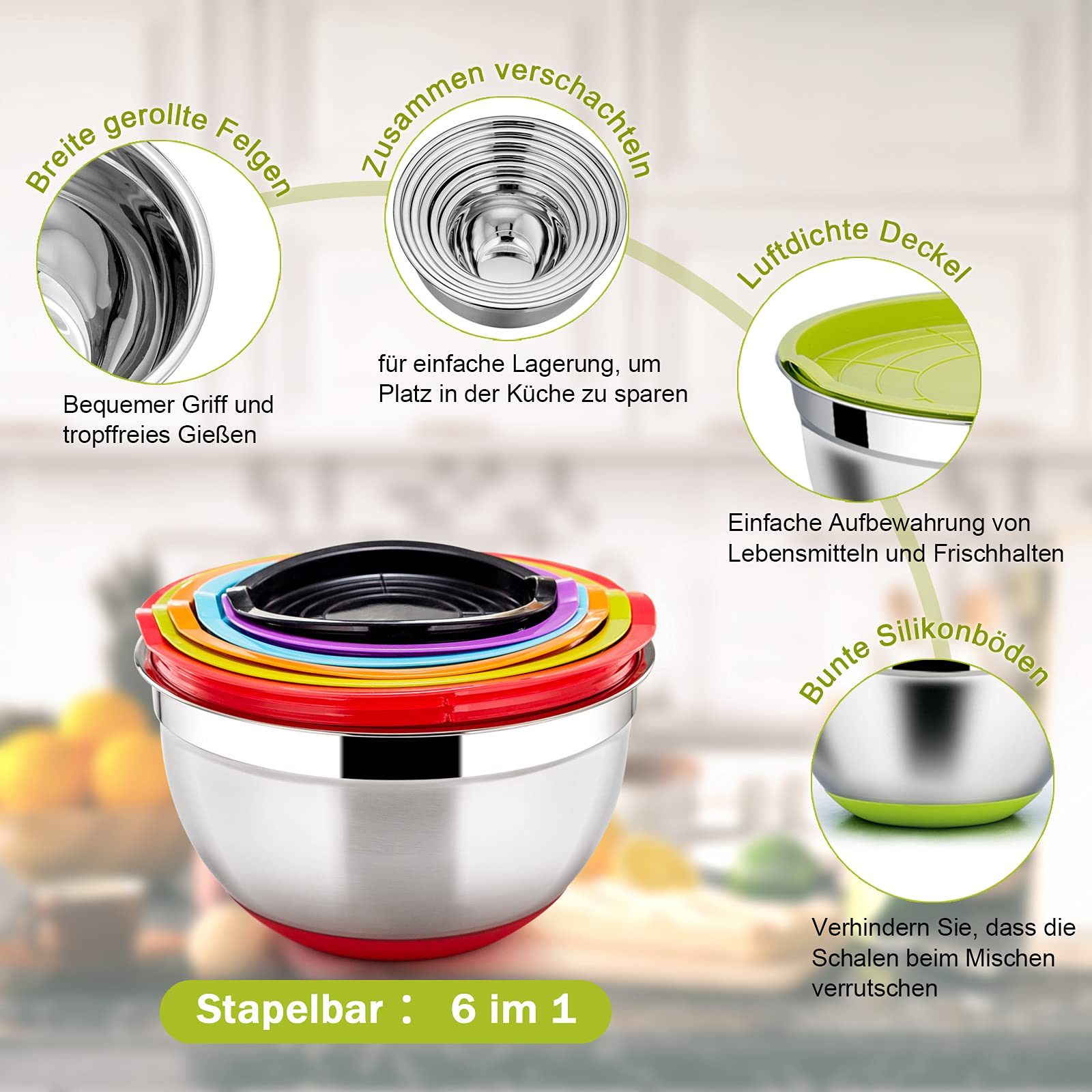 Homikit Rührschüssel Set, Edelstahl Schüssel Salatschüssel 6er Set mit Luftdichtem Deckel & Silikonboden, Stapelbar, Spülmaschinenfest, 4.6 L / 2.8 L / 2.5 L / 1.6 L / 1.2 L / 0.7 L