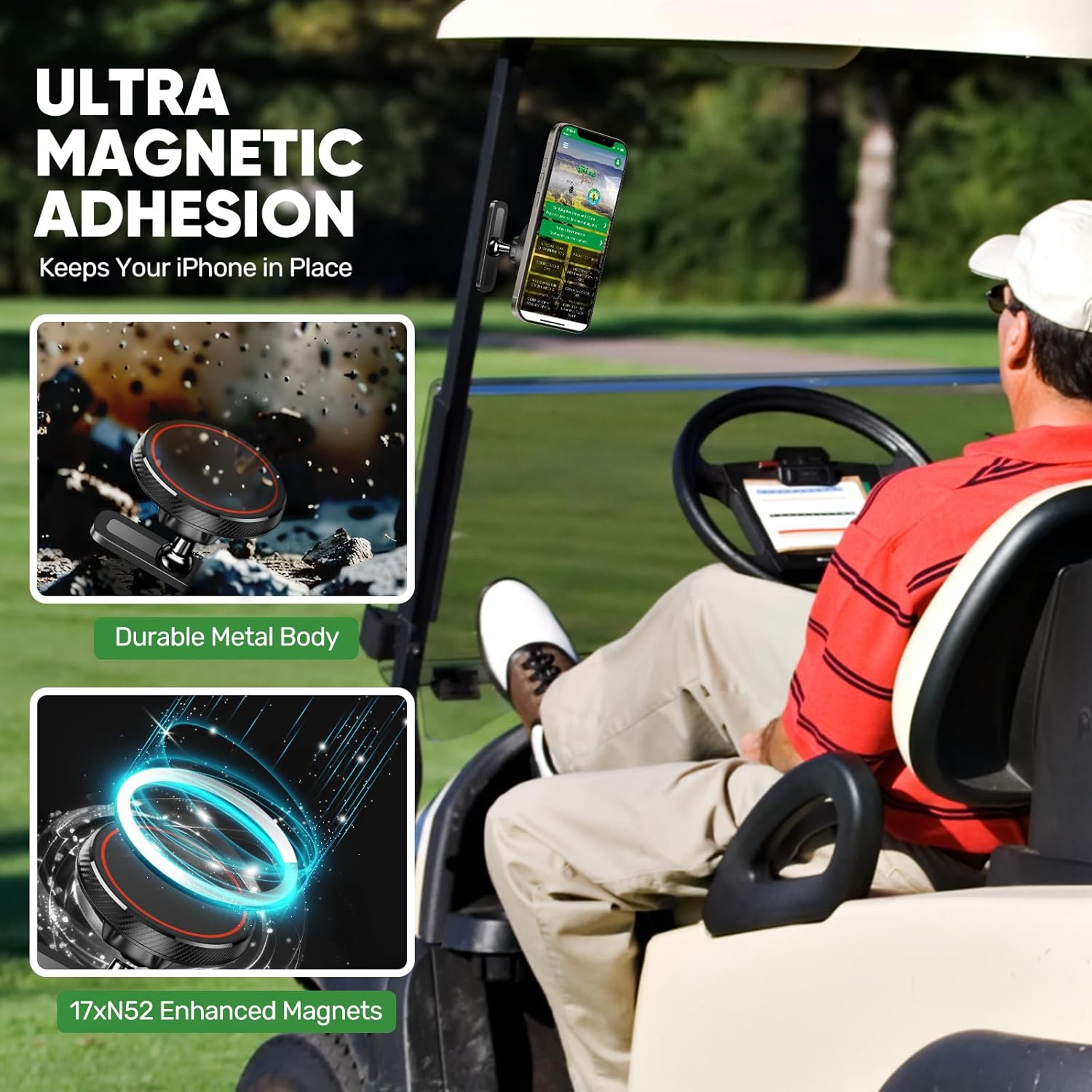 Magnetic Golf Cart Phone Holder, Strong N52 Magnets, Compatible with MagSafe iPhone 12-17, Fits EZGO/Club Car/Yamaha, Golf Gifts for Men Women, Stocking Stuffers Gift, Golf Cart Accessories Essentials