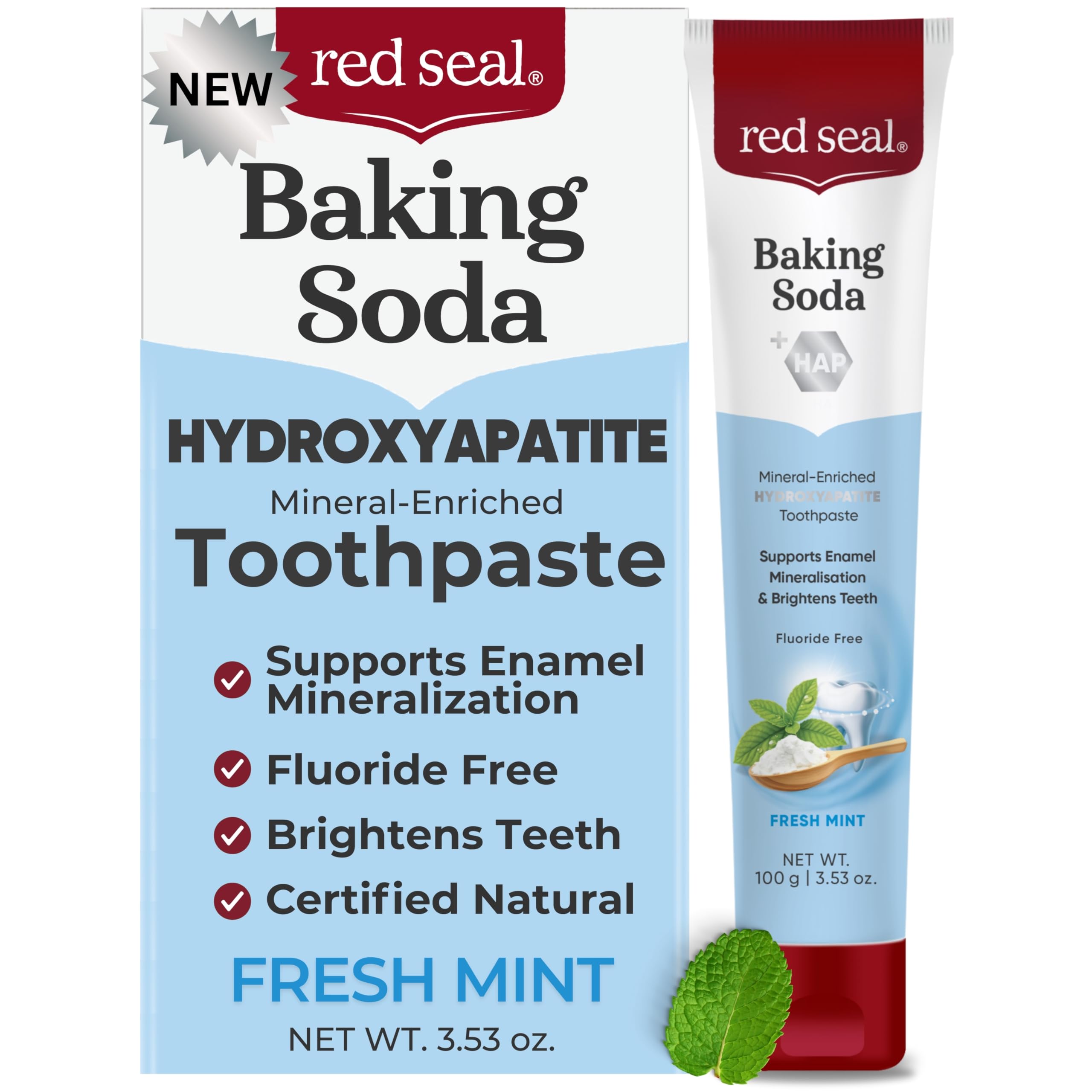 Red Seal Hydroxyapatite Baking Soda Toothpaste – Fluoride Free, NATRUE Certified Natural – Supports Enamel Mineralization and Brightens Teeth