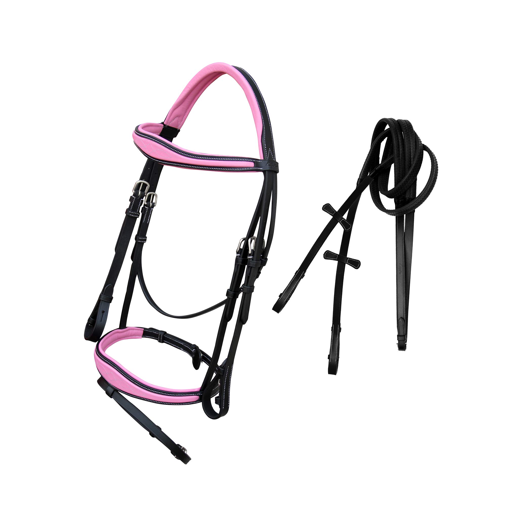 Exion - Brida inglesa rosa para caballos | Brida inglesa anatómica con banda nasal y banda para las cejas con flash y riendas de goma.