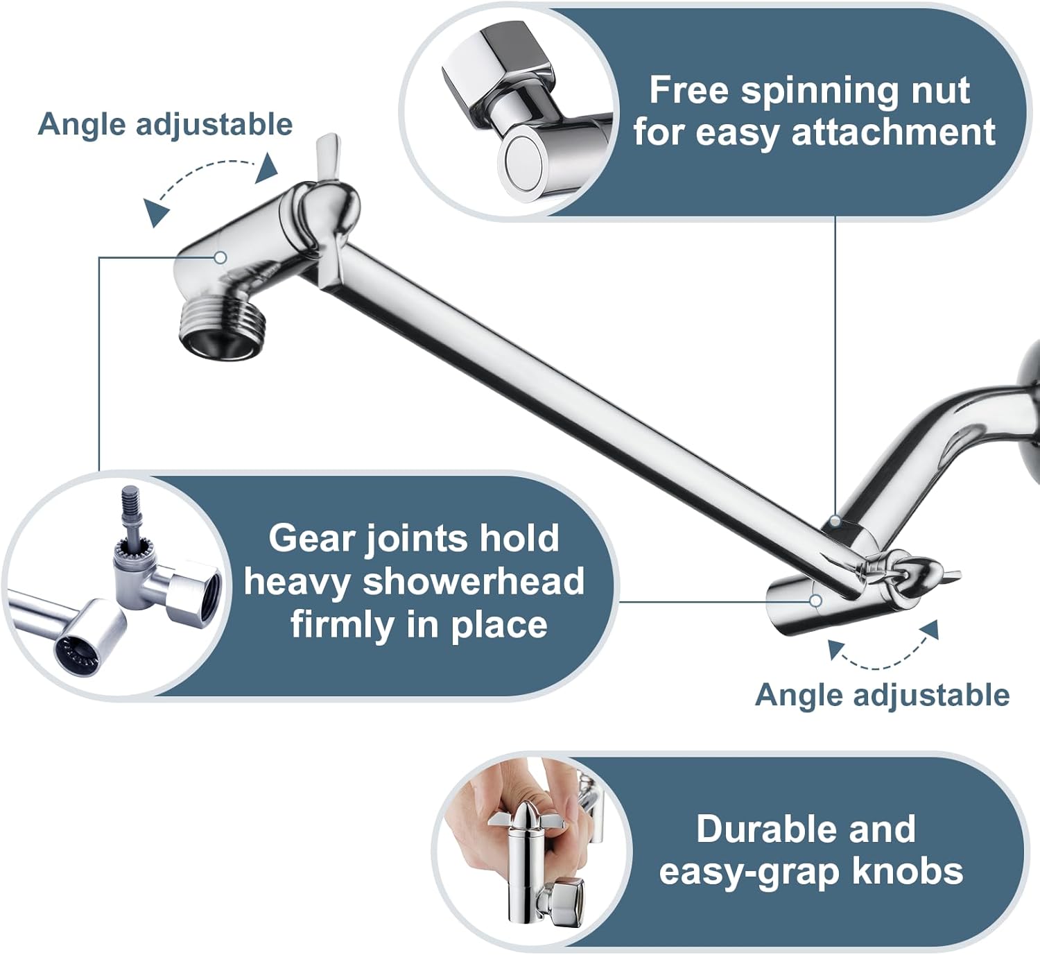 BRIGHT SHOWERS Rain Shower Head with Handheld Spray Includes Wall Mount Suction Bracket, 5 Inch Shower Hose Combo and Matching 10 Inch Shower Arm Extension, Chrome