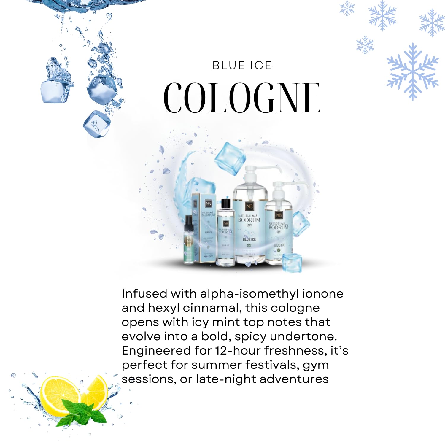 Blue Ice Summer Cologne for Men 1L (33.8 fl Oz) - Vegan, Natural, Refreshing Scent, Cool Arctic Icy Fresh Scent, Long Lasting Summer Cologne, Men's Gift - Image 2