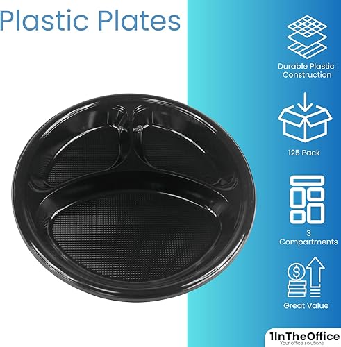 Miniatura 2 de Platos seccionales de plástico de 10 pulgadas con 3 compartimentos, platos desechables con compartimento, placas seccionales redondas negras de 10
