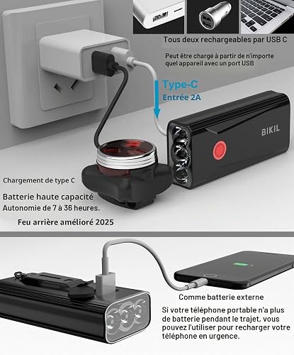 Lampe Vélo Avant Arrière 2400 LM Puissante, Phare Vélo Aluminium 6400mAh - 4