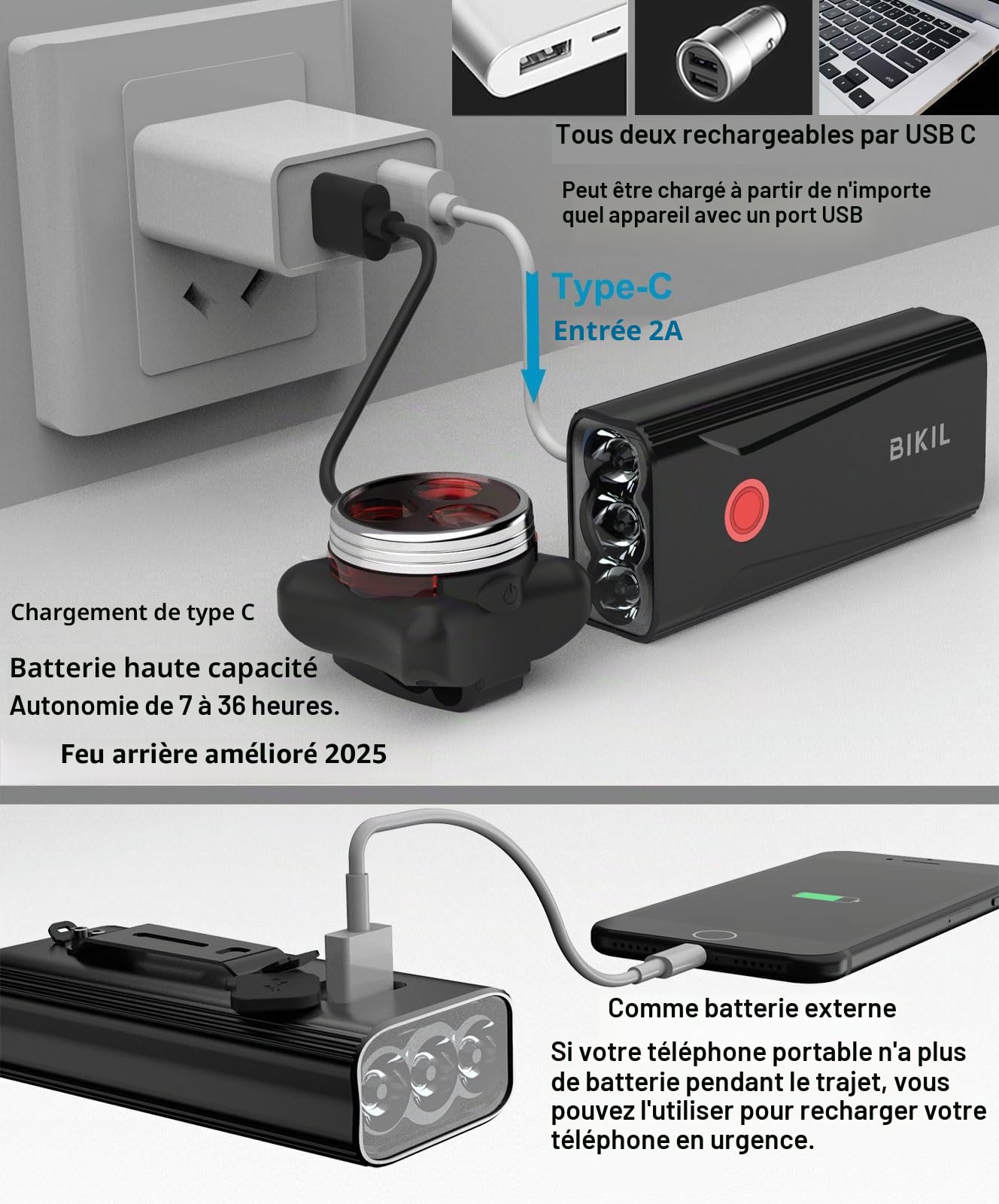 BIKIL Lumiere Velo 6400mah Lampe Velo Rechargeable USB C LED 2400 Lumens Etanche Phare VTT Course Cycliste