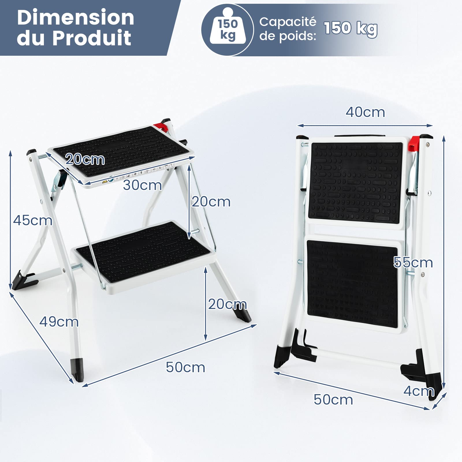 COSTWAY Marchepied à 2 Marches Pliable, Escabeau Cadre Métallique, Pédale Antidérapante, Dimension de Marche 30 x 20 cm, Capacité 150 kg, 50 x 49 x 45 cm