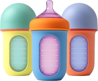 Boon Nursh 8oz Silicone Baby Bottles - Anti-Colic Air-Free Feeding, Medium Flow Nipple, Reusable Pouches for Easy Latch & Clean