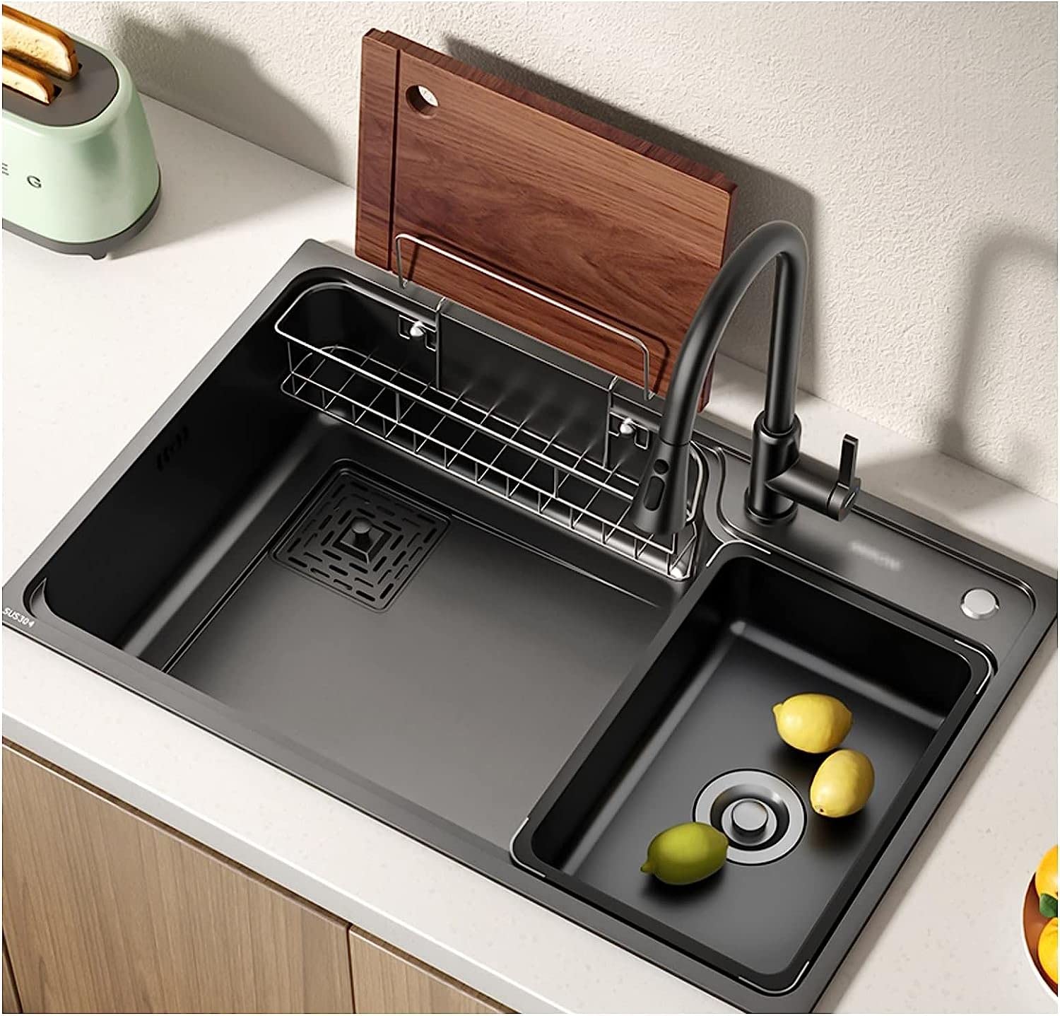 Fregadero de Barra de Cocina Negro Grande con Grifo extraíble, escurridor y Kits de instalación, Fregadero de Cocina de un Solo tazón de Acero Inoxidable 304 Grueso con nanorrevestimiento (t