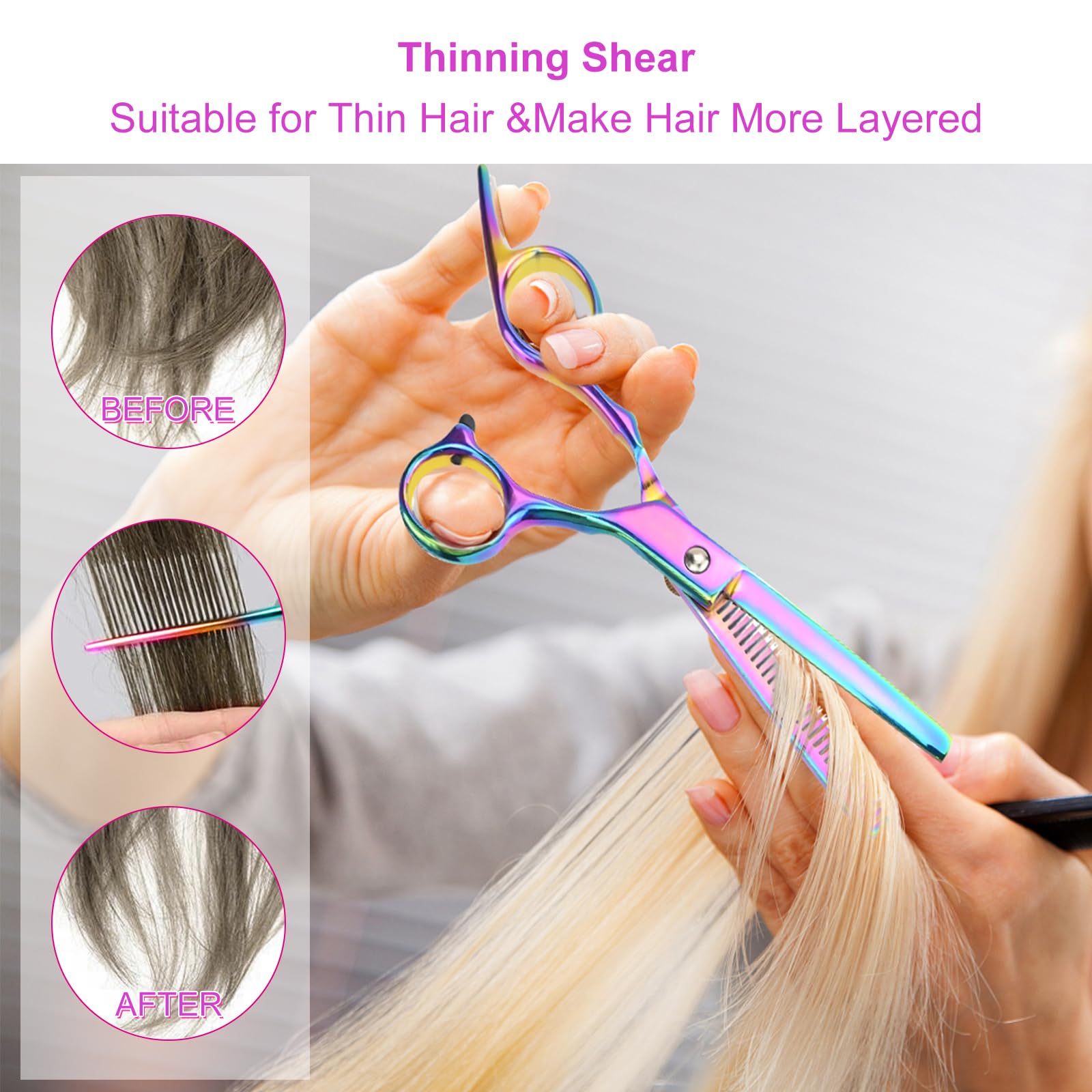 13Pcs Scissors Hair Hairdressing Professional Shears Set, Thinning Cutting Clip Comb Stainless Steel Cut Pouch Kit Salon Barber Women Men Kids Black (Purple) - Image 3