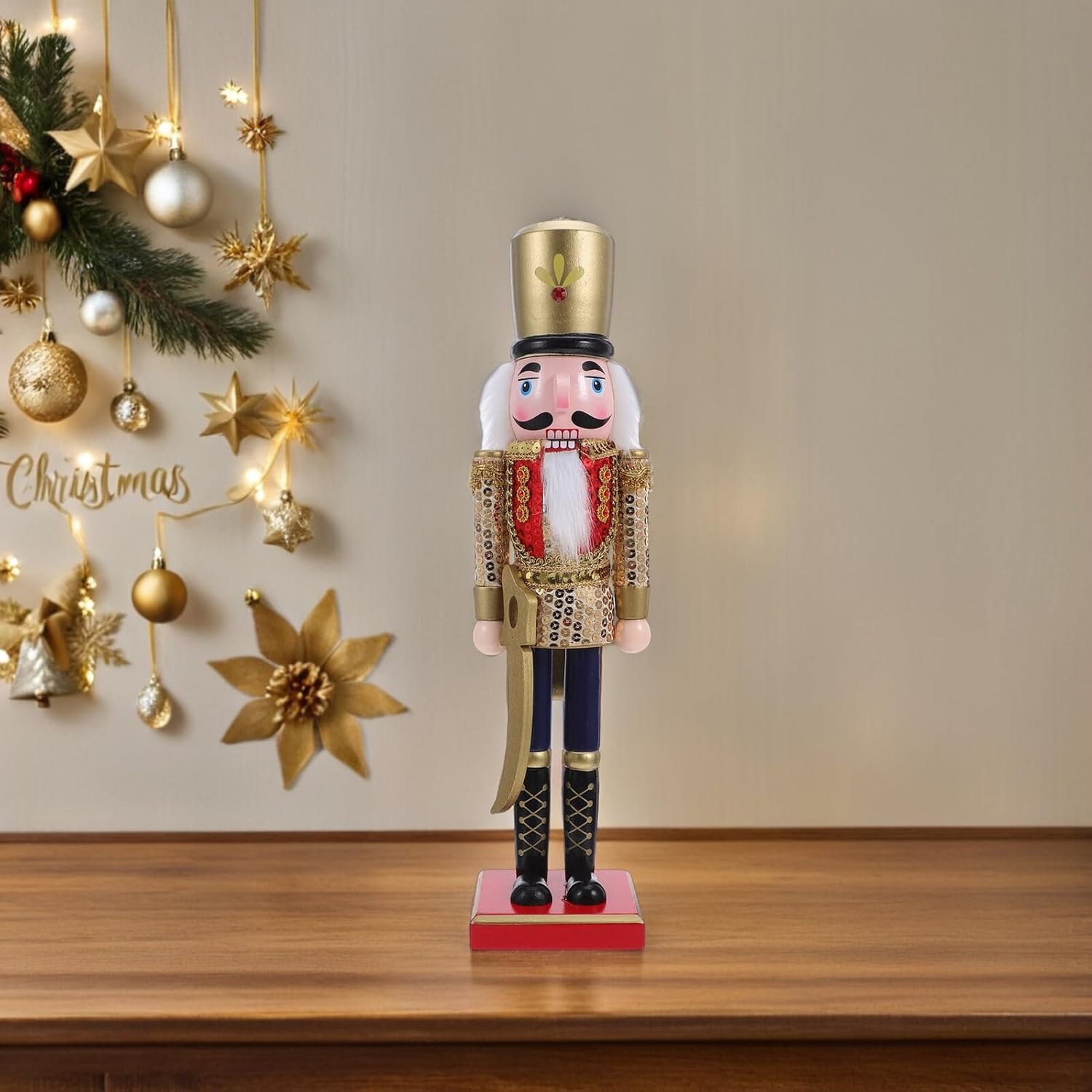VICASKY Nutcracker Christmas Decor Wooden Nutcracker Soldier Figurine 38cm Gold Glitter Sequins Walnut Soldier Ornament Festive Xmas Table Decoration