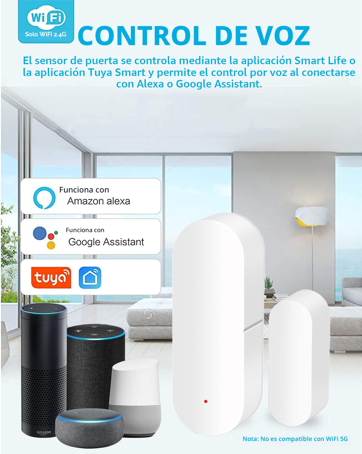 Sensor de Puerta WiFi, Sensor de Contacto de Ventana Inteligente, Alarma inalámbrica de Senso r de Puerta de Ventana, Compatible con Alexa y Google Assistant, no Requiere concentrador, 4 Pack