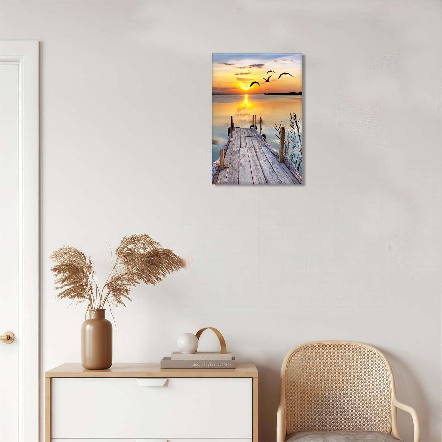 Sunset Wall Art Lakeside Pier Trail Canvas prints Sunset Nature Landscape Painting for Home Living Room Bedroom Office (16x24 inch) Framed