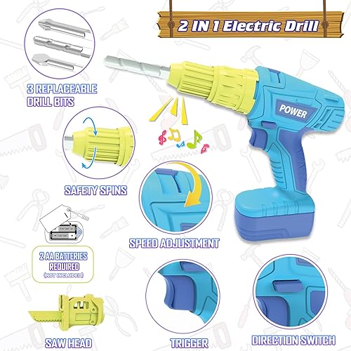 Miniatura 4 de Juego de herramientas para niños - Juego de herramientas para niños pequeños con motosierra de juguete, taladro de juguete eléctrico, herramientas