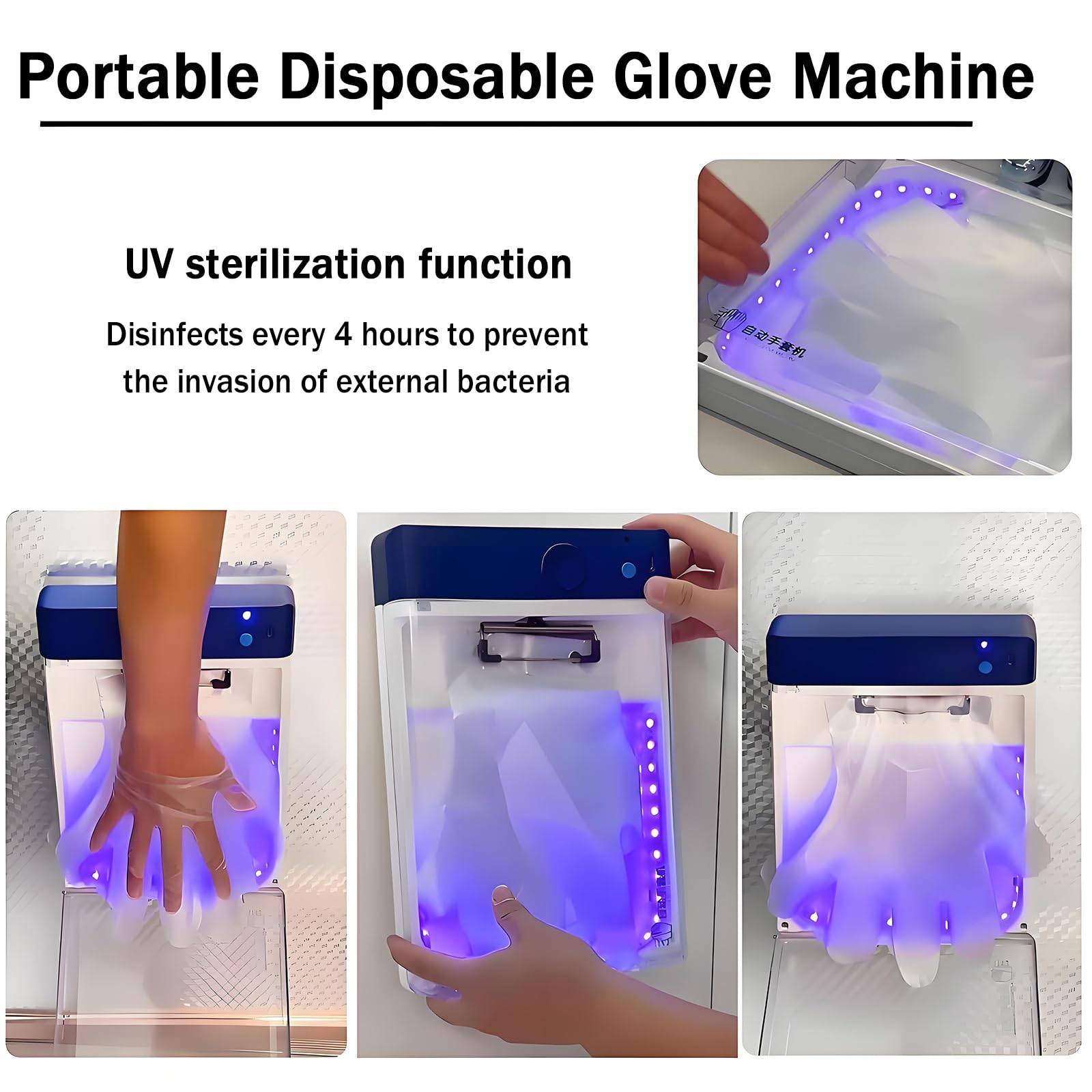 Dispensador automático de guantes, máquina de guantes desechable portátil con esterilización UV, montaje en pared, recargable, uso rápido, incluye 100 guantes