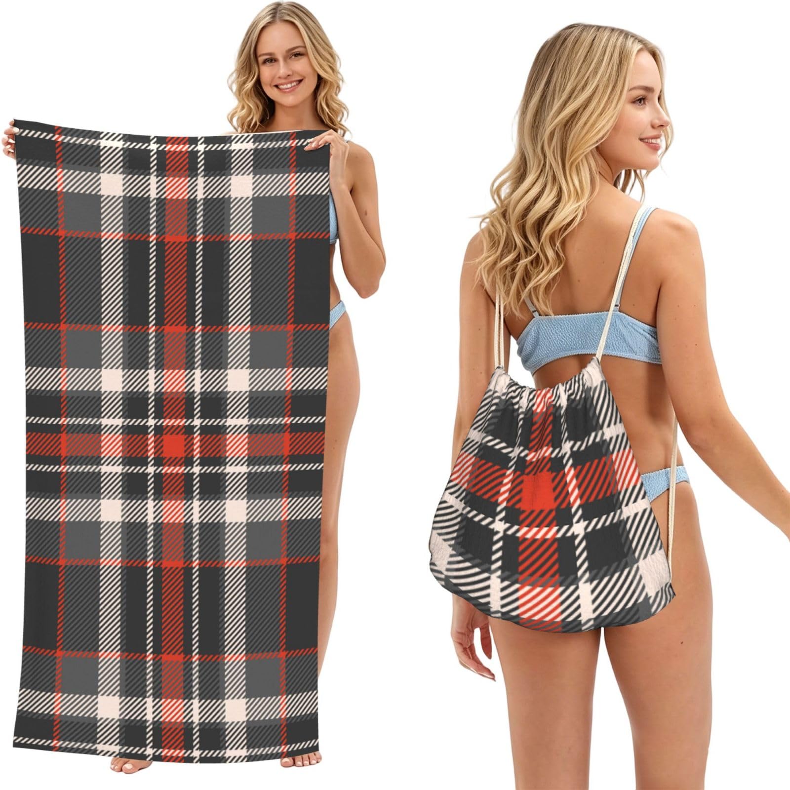Poadnly As Picture Tartan, 2 In 1 Packable Towel Bag, Beach Towels With Drawstring Backpack For Travel Holiday Camping