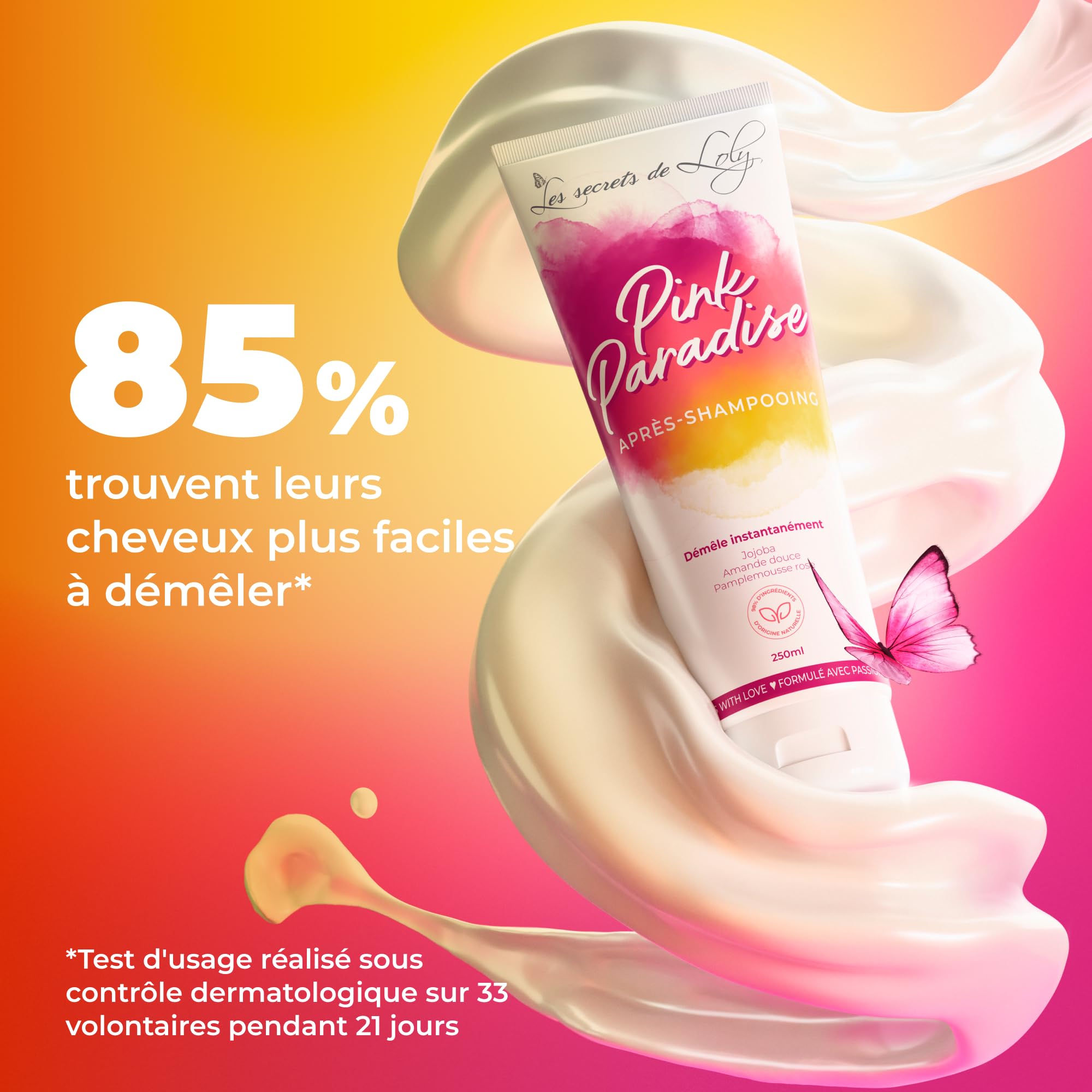 Les Secrets de Loly – Pink Paradise – Après-shampooing ultra démêlant Fortifie & adoucit – Cheveux ondulés, bouclés, frisés et crépus – +98% d'origine naturelle – 250 ml