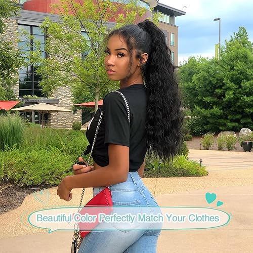 Miniatura 2 de YEAME Extensión de cola de caballo ondulada con clip de garra, cola de caballo ondulada de maíz de 22 pulgadas, cabello negro sintético, cola de