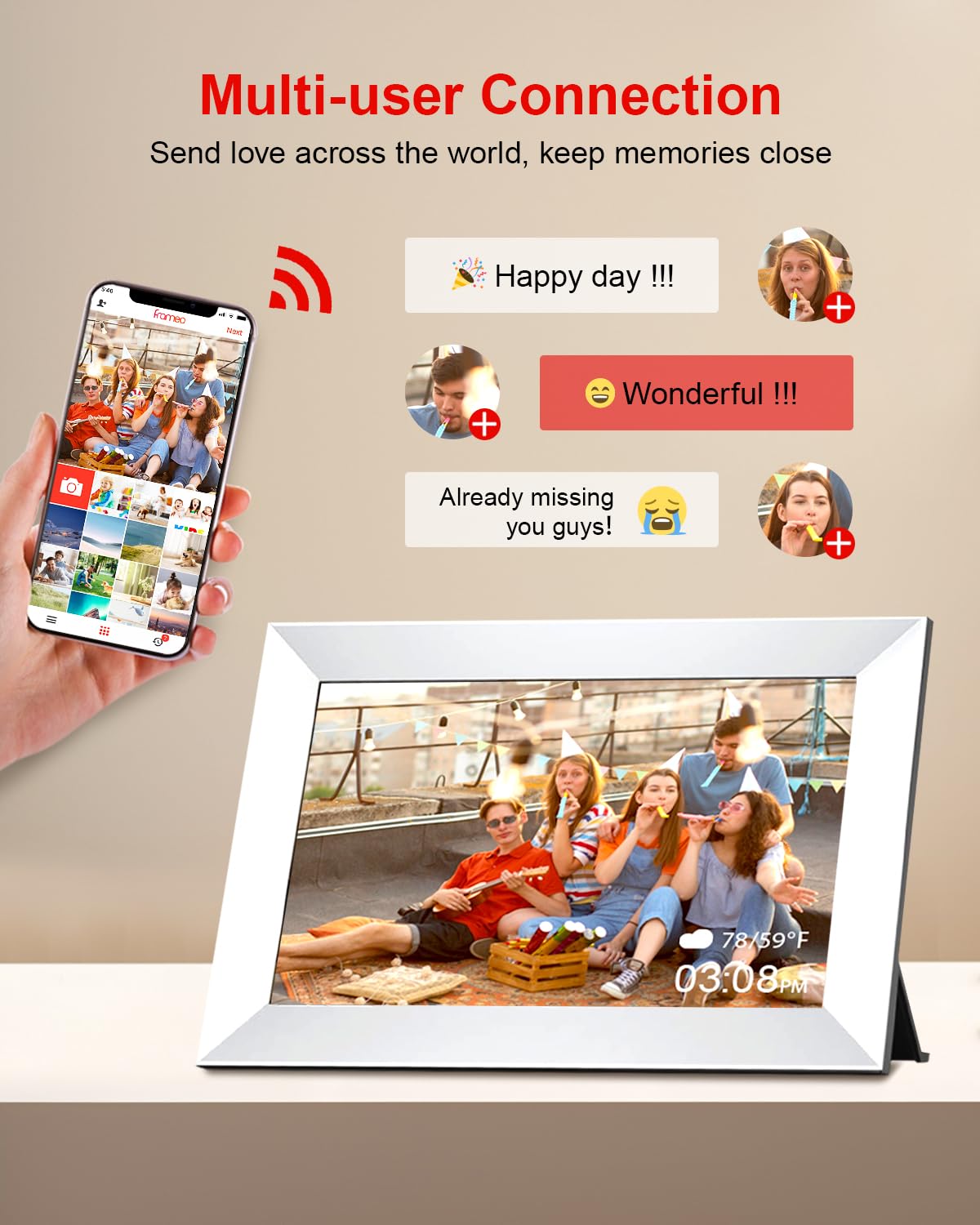 10,1 Zoll WiFi Digitaler Bilderrahmen, 1280x800 HD IPS Touchscreen Foto Rahmen, 32GB Speicher, Automatische Rotation, Wandmontagefähig (White, Frameo 10)