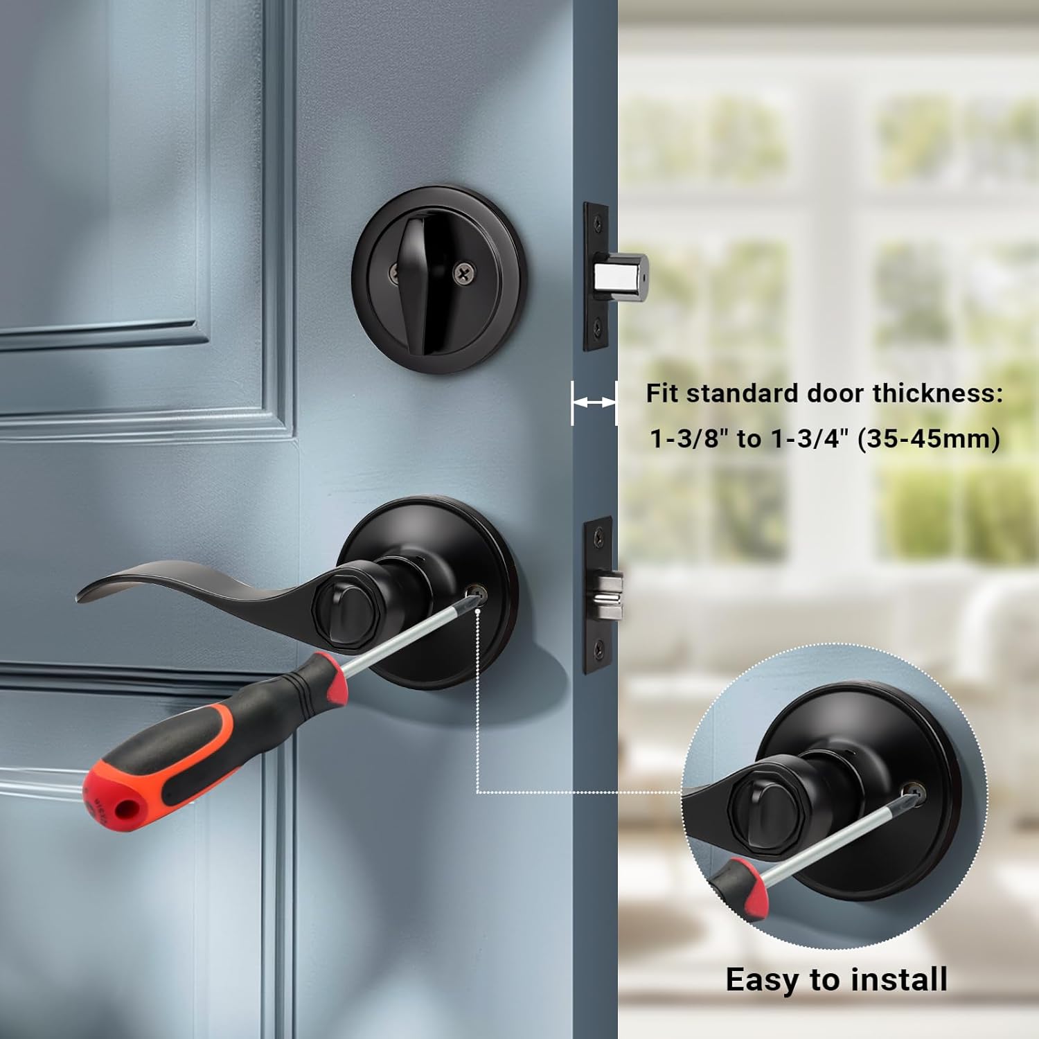 Knobonly 2 Pack Keyed Alike Front Door Handle with Single Cylinder Deadbolt, Matte Black Exterior Door Lock Set, Zinc Alloy
