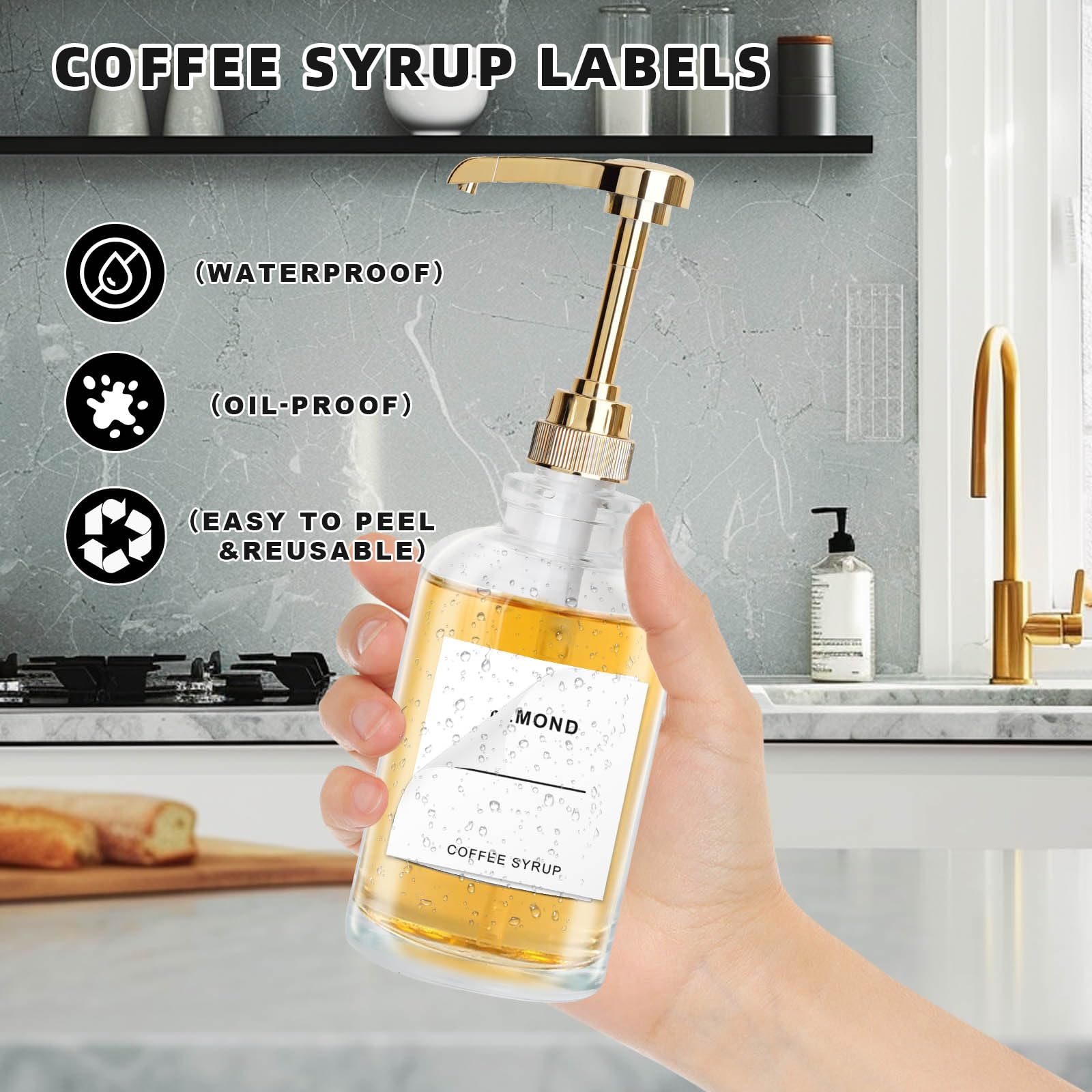 sunal Dispenser per sciroppo, set di 4 erogatori per sciroppo di caffè, 500 ml, bottiglia in vetro per sciroppo, erogatore a pompa per sciroppo, dispenser per miele con pompa di grande capacità da 0,6