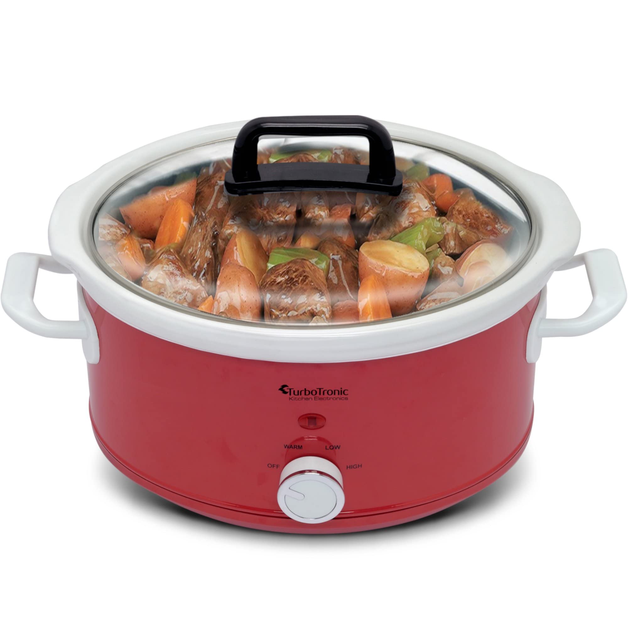 TurboTronic/Slow Cooker / 3,5 L/rot/weiß, hellblau/weiß, schwarz/Schongarer mit Warmhaltefunktion, Dampfgarer, Schmortopf, Gartopf, Sous Vide Garer, Retro-Look (Red)
