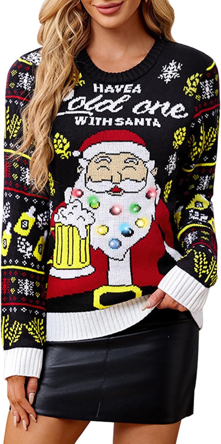 Christmas Women's Xmas Ugly Funny Holiday Long Sleeve Light Up Pullover Sweater Santa Claus XL