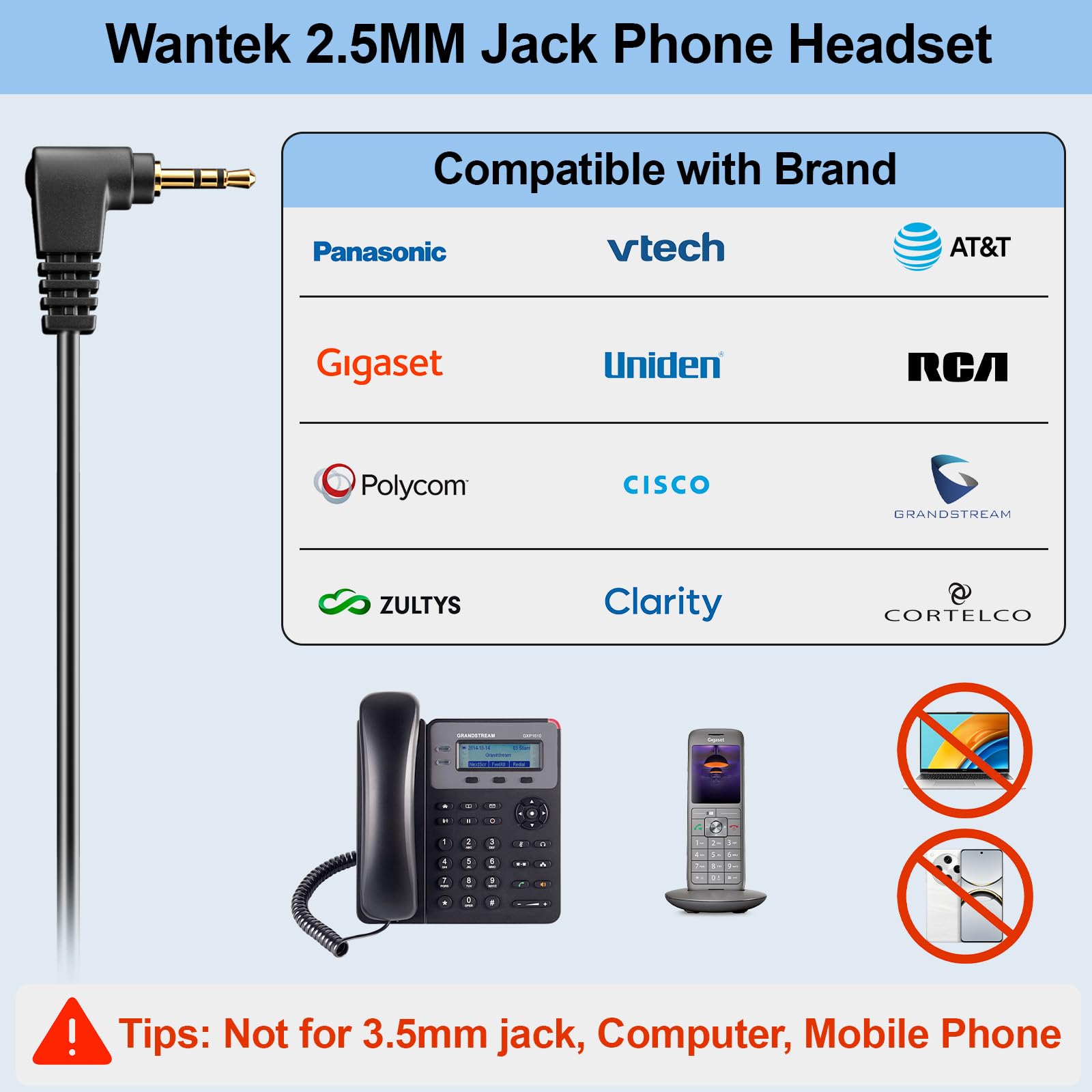 Cuffia Wantek 2.5mm Con Microfono E Cancellazione Rumore Per Telefoni Cordless DECT