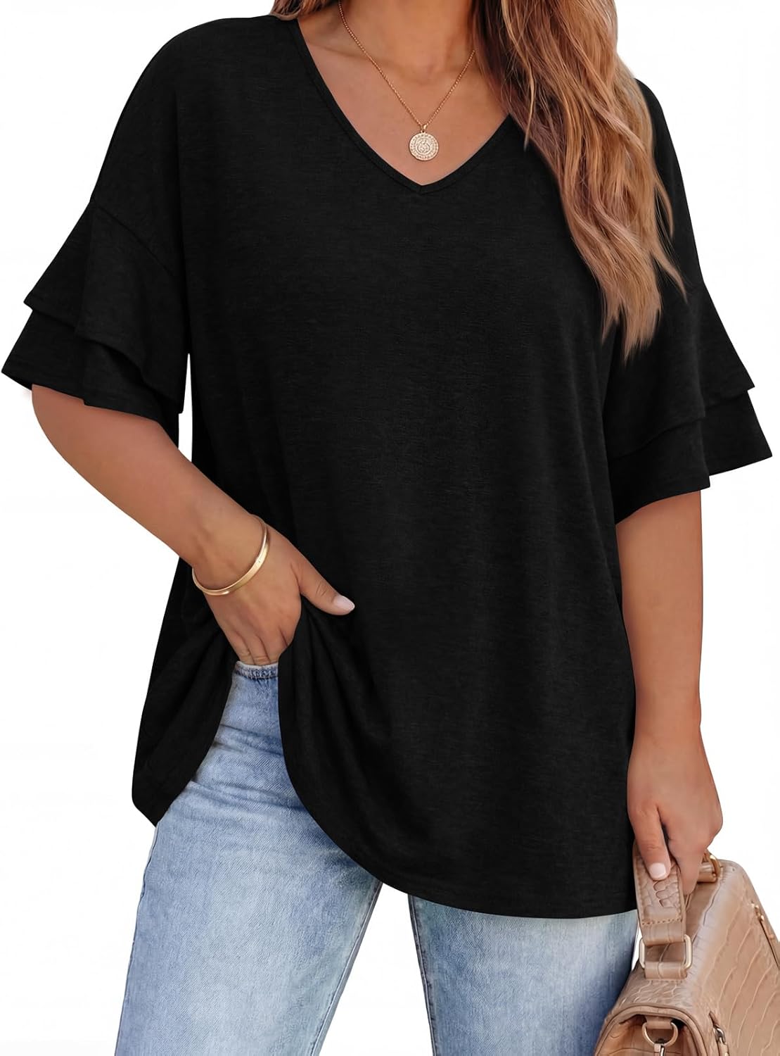 Beautife Womens Plus Size V Neck T Shirts Short Ruffle Sleeve Blouses 2026 Summer Casual Loose Fit Knit Tops