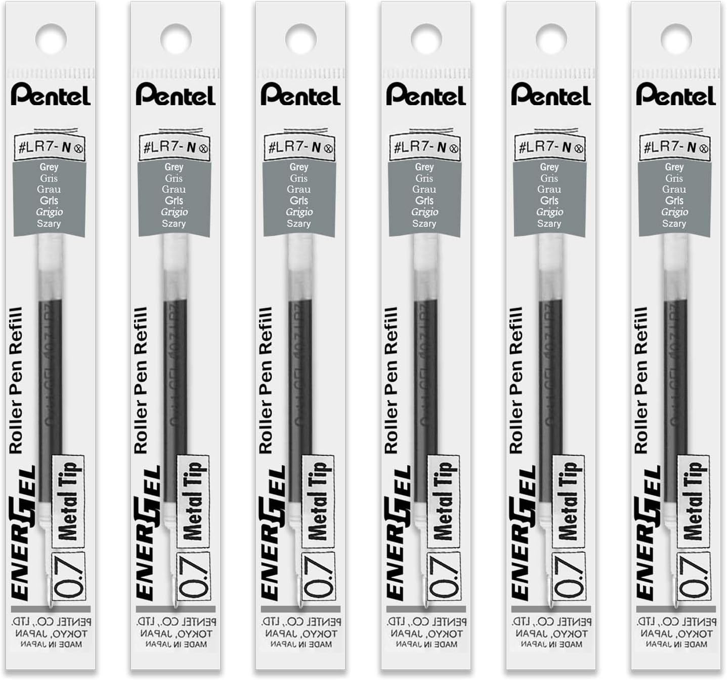 Pentel Energel 0.7mm Refill Metal Tip LR7 - BL77/BL57/BL37 Pen Refill - Pack of 6 - Grey