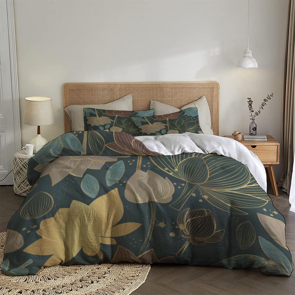 NIBAINLO 布団カバー濃い青に蓮の花 肌に優しい ピーチスキン加工 掛け布団カバー 和式 洋式 あったか 布団カバーセット リバーシブル ホームステイ ホテル 家庭兼用