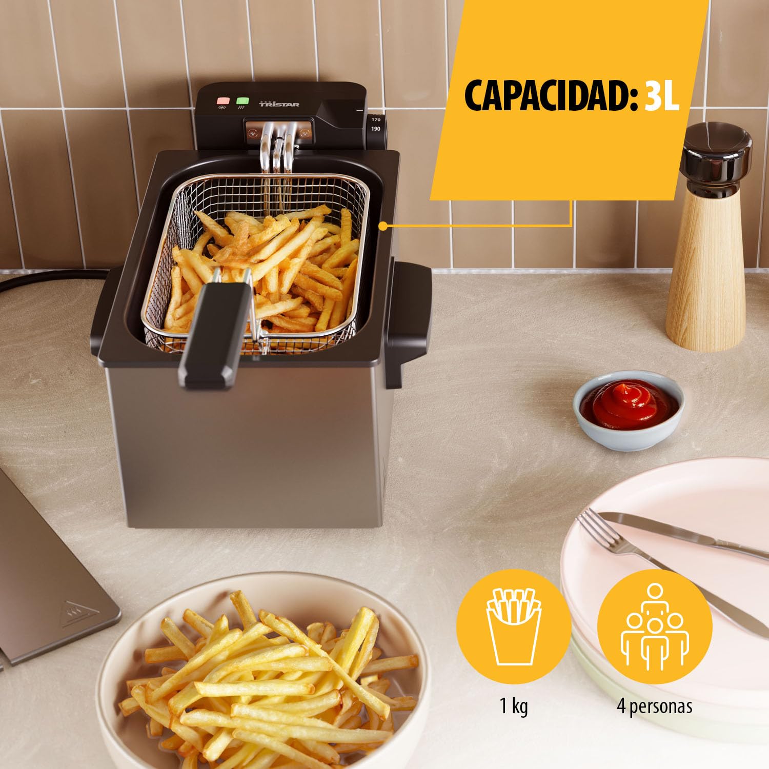 Tristar Freidora, 3L Capacidad, 2000W, Tecnología Cool Zone, Acero Inoxidable, Termostato Ajustable, Fácil de Limpiar, Piezas Desmontables, FR-9325