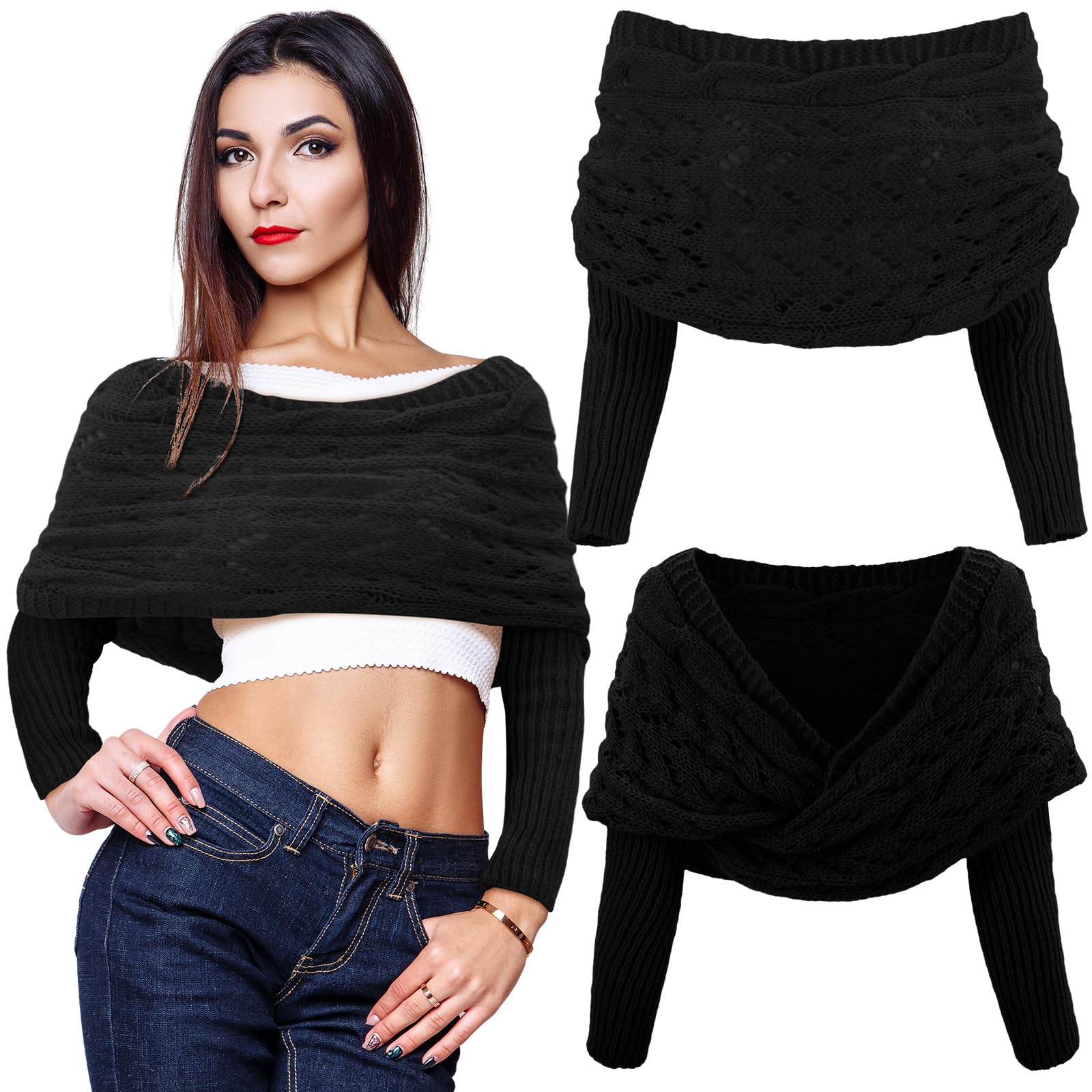 Geyoga 2 Pcs Scarf with Sleeves for Women Knitted Wrap Sweater Scarf with Sleeves Shrugs for Women Wrap Shawl