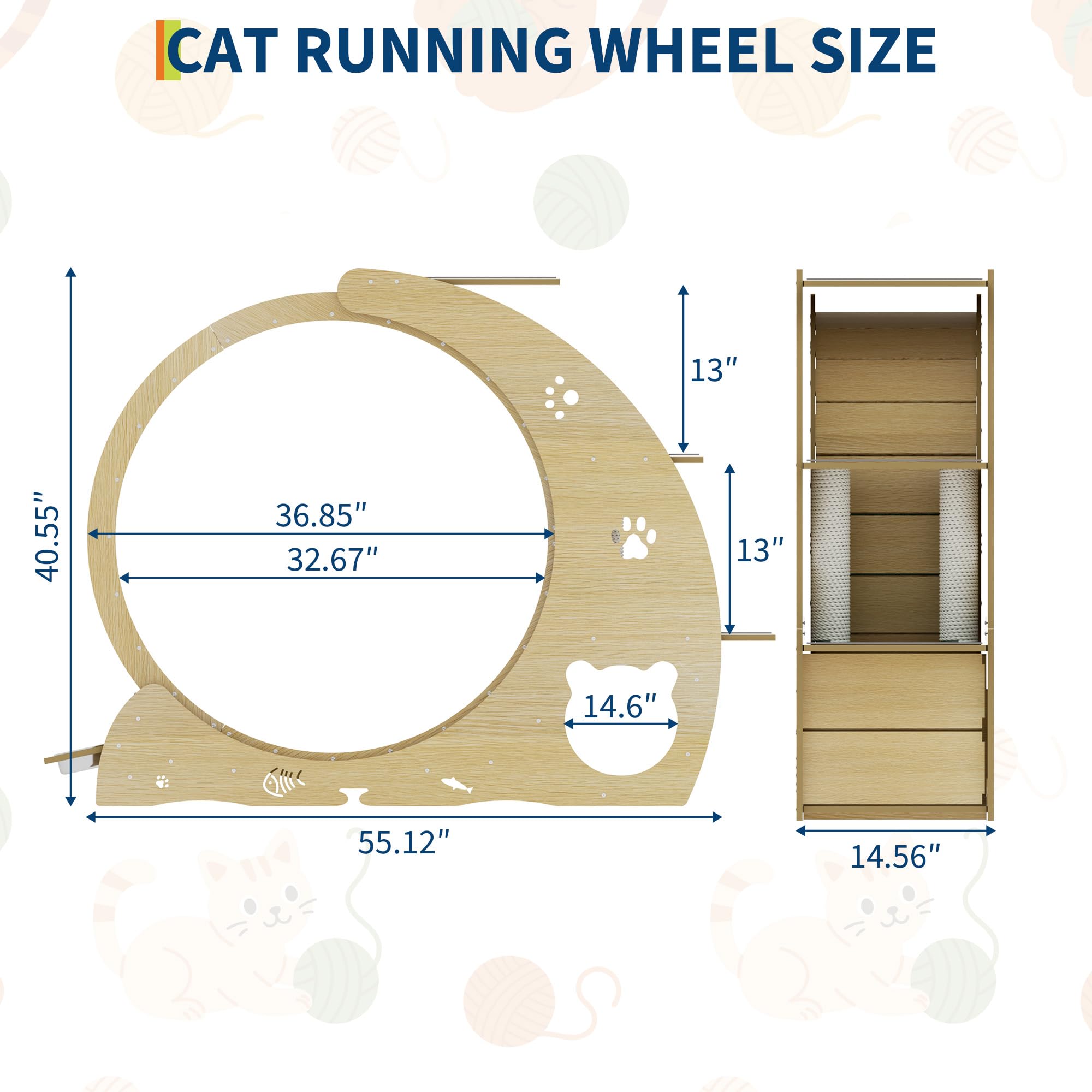 4-in-1-Katzen-Laufrad, großes Katzenlaufband, großes leises Laufrad mit Kratzunterlage und Spielrolle, stabile Holzbasis für Indoor-Katzen