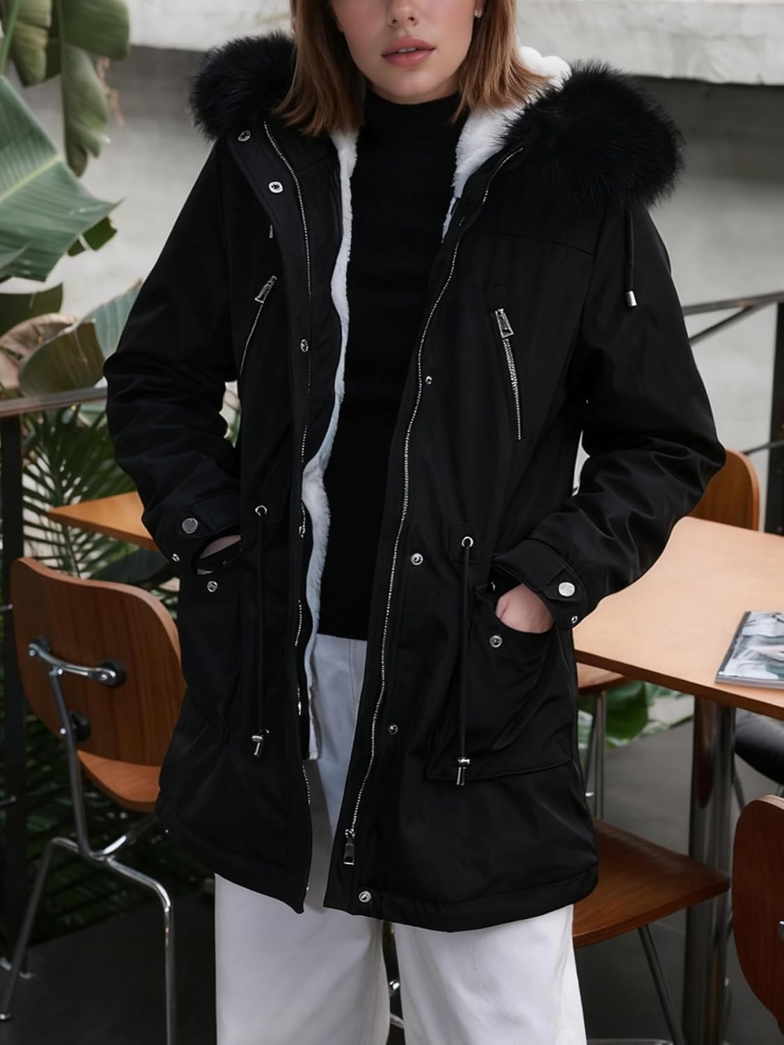 Bellivera Women's Winter Thickened Quilted Puffer Jacket Zipper Pockets Bubble Coat with Removable Hood and Faux Fur Collar - Image 5